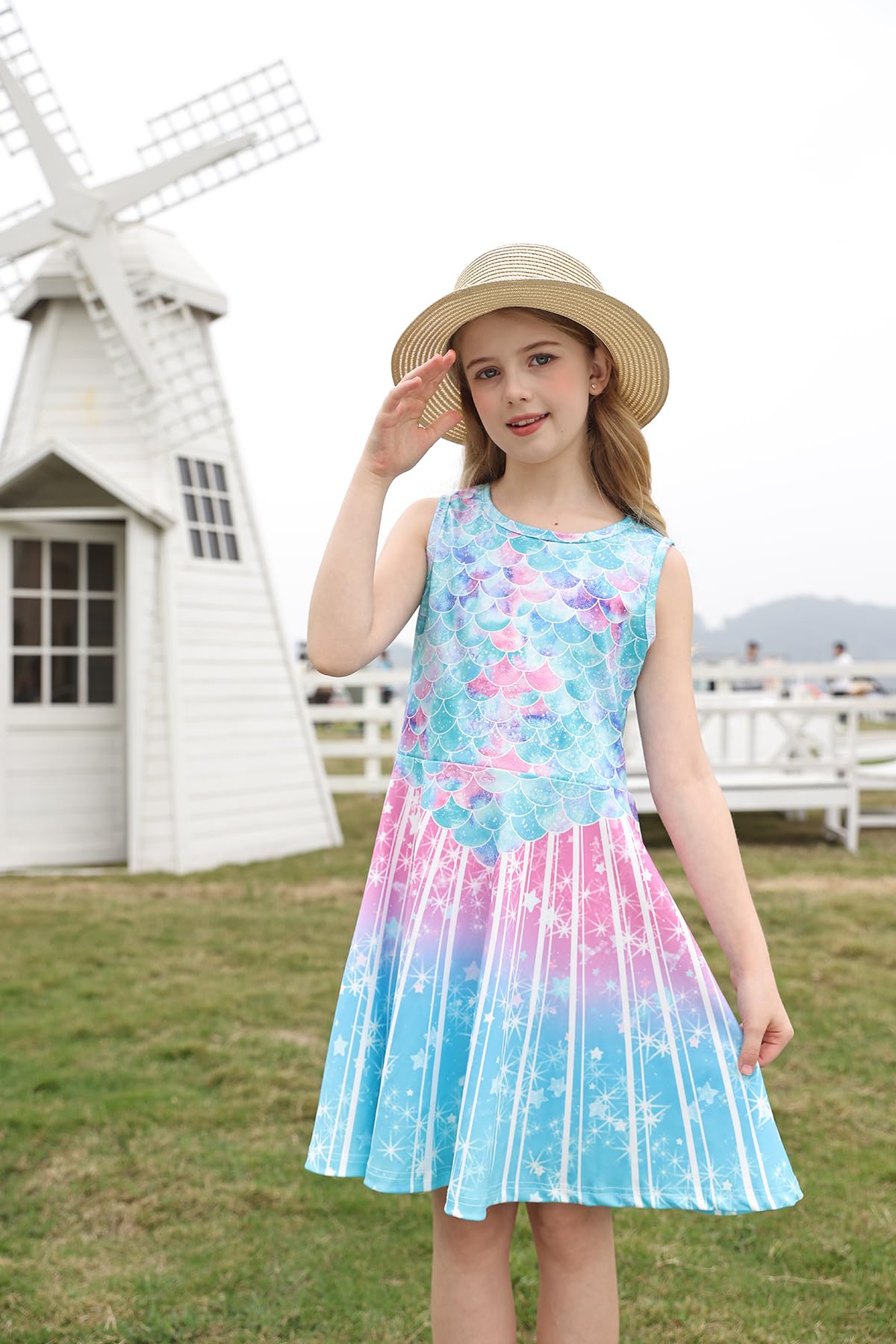 kids4ever Mädchen Kleid Ärmellos Sommerkleid Rundhals A-Linie Swing Kleid Meerjungfrau Galaxie Prinzessin Party Geburtstag 4-12 Jahre