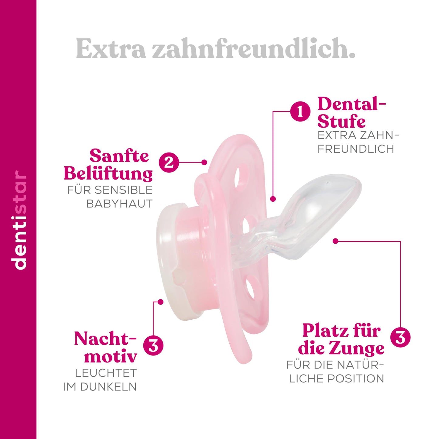 dentistar Night Silikon Schnuller 3er-Set - Größe 1 Schnuller 0-6 Monate - Glow in the Dark Nuckel mit Dentalstufe – BPA-frei – Made in Germany - Katze, Rosa