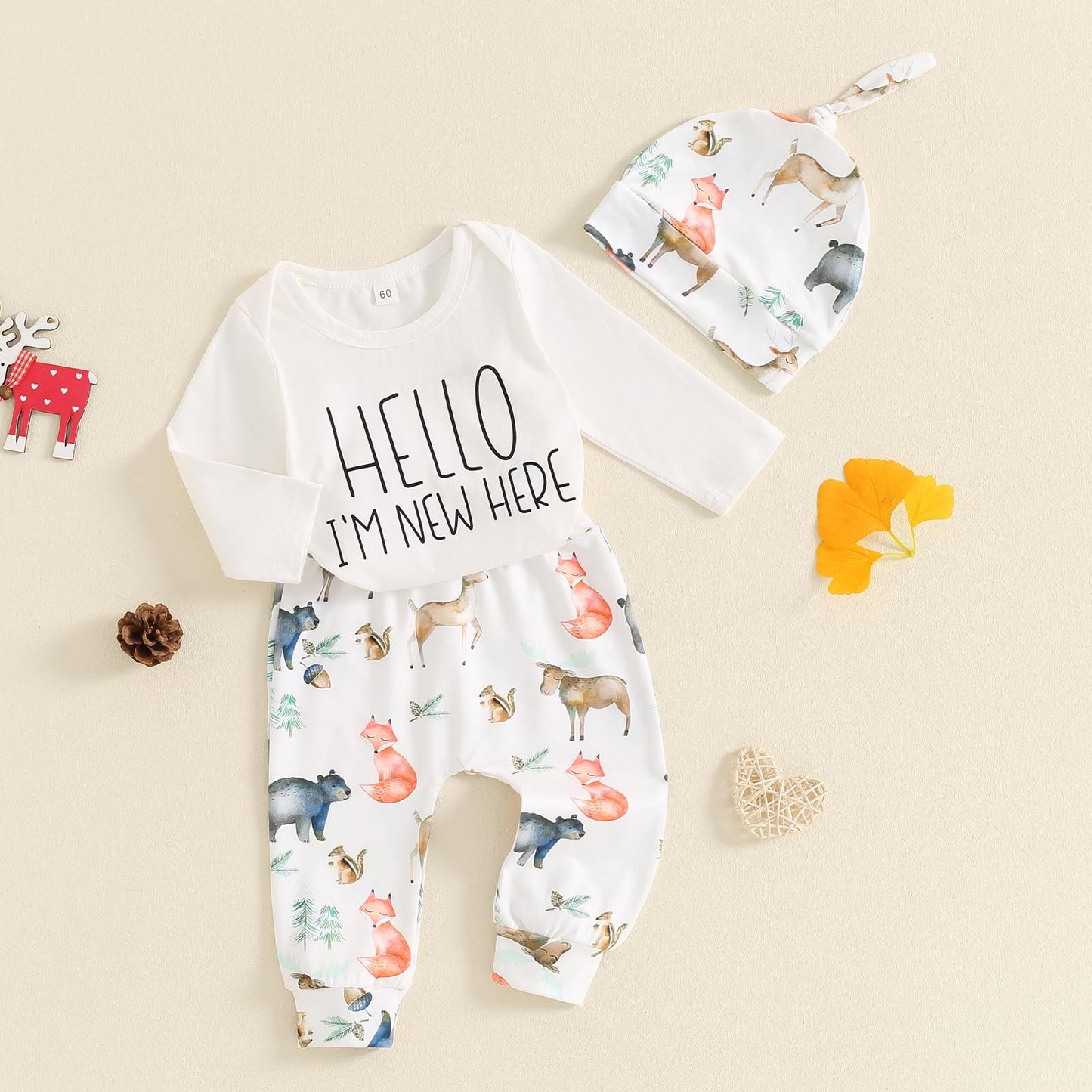 Geagodelia Neugeborene Baby Kleidung Set Junge Hello Im New Here Langarm Body und Hose Baumwolle Bekleidungssets für Baby Jungen Babykleidung Set Herbst Winter Outfits mit Mütze