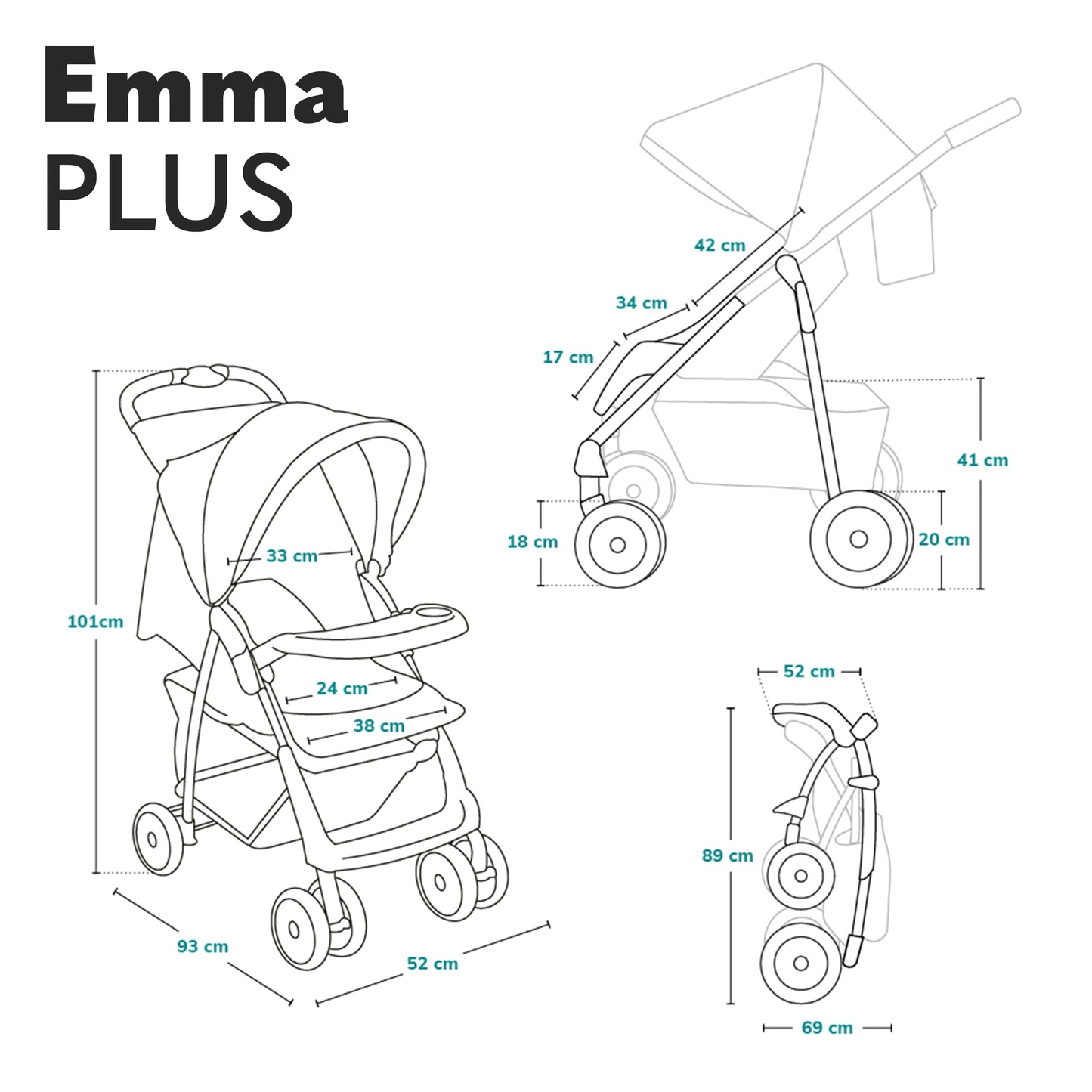 LIONELO Emma Plus Kinderwagen bis zu 15 kg, Kindersportwagen, leicht modern klein Buggy mit Liegeposition, zusammenklappbar, große Räder, großer Korb, Tasche Stone