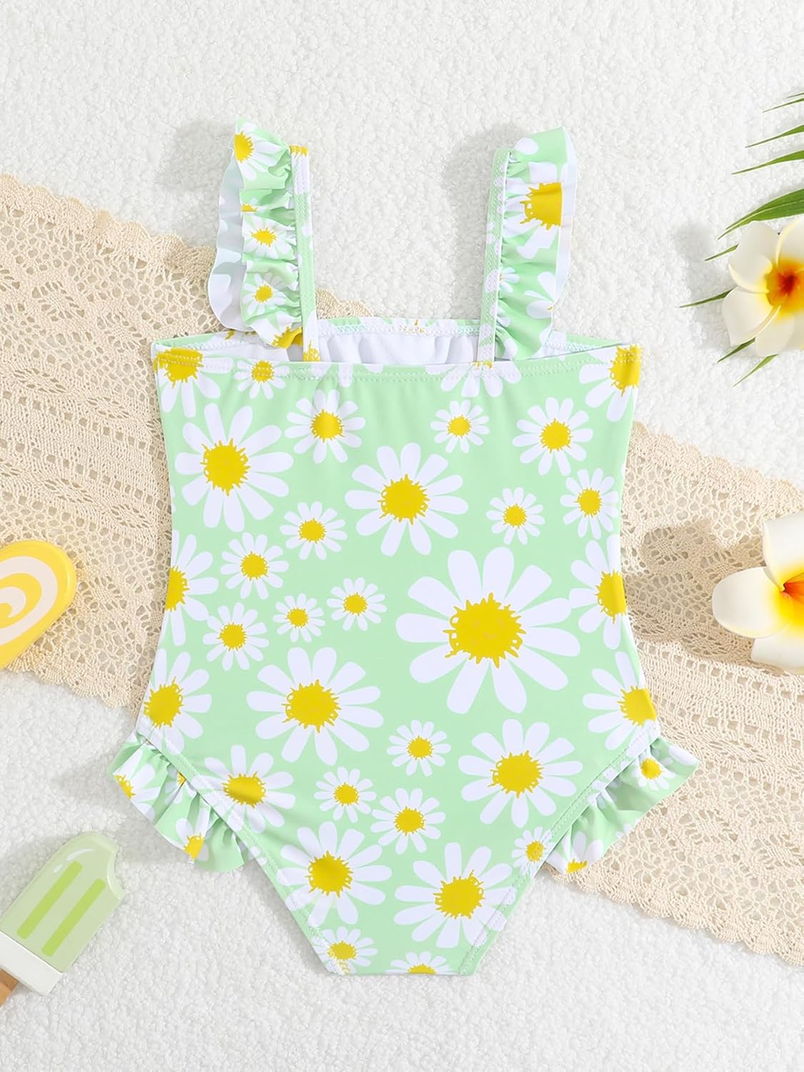 JiAmy Einteiliger Mädchen Badeanzug Blumenmuster Rüschen Elastischen Trägern Ärmellos Kleinkinder Schwimmkleidung für 2–7 Jahre/92-122
