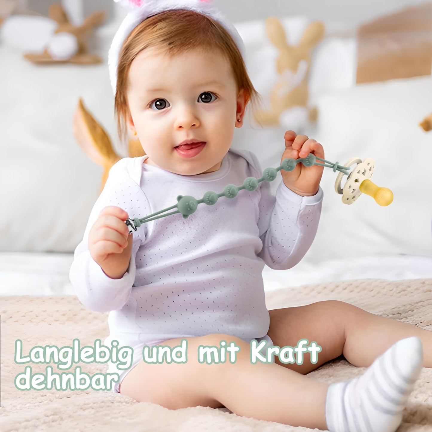 3er-Pack Schnullerkette Aus Silikon, Schnullerkette Mädchen und Mit Namen Junge, Geeignet für Baby, Hält Schnuller Sauber, Weiche Flexible BPA Frei Langlebig–Hohe Robustheit, Mandel Grün Blau