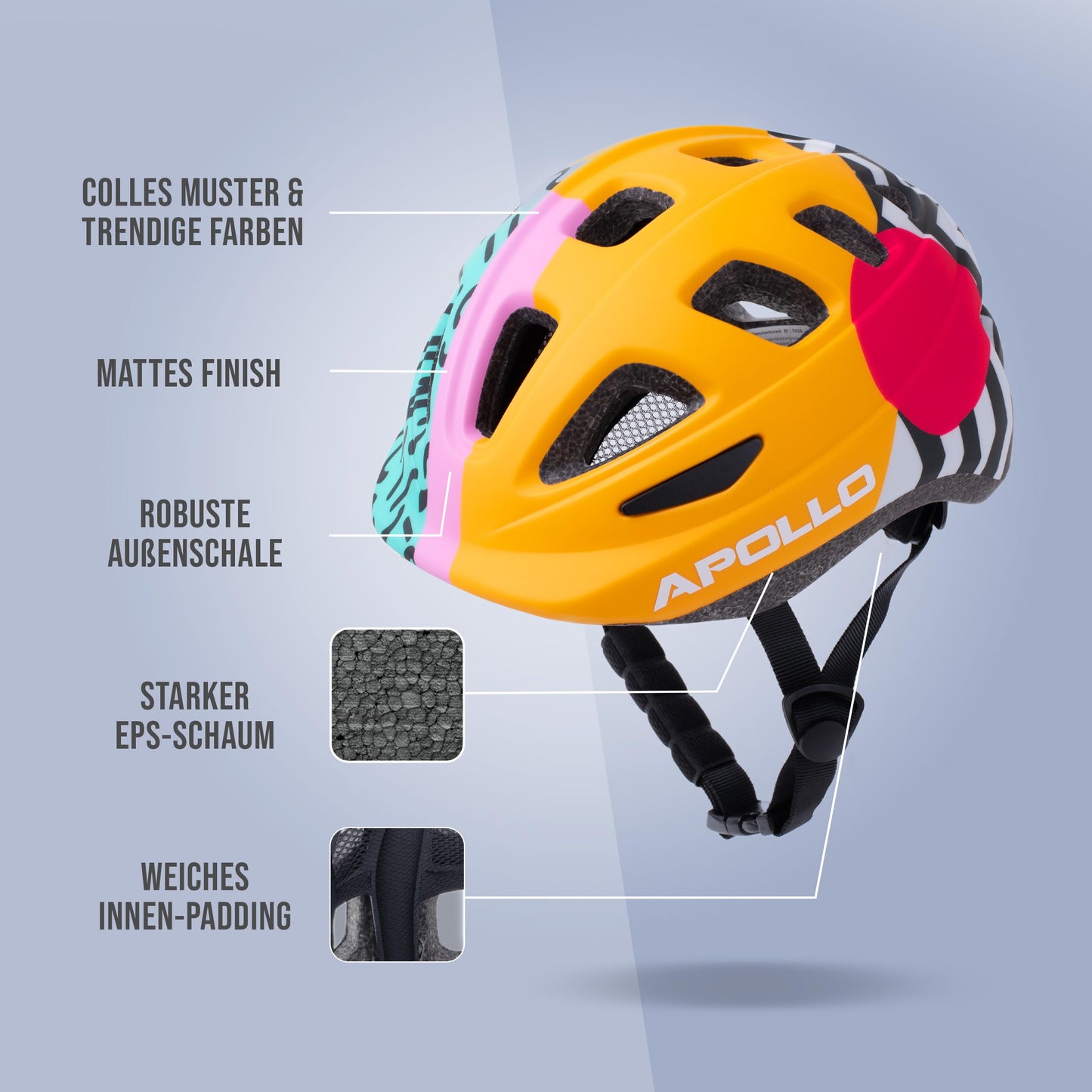 Apollo Kinder Fahrradhelm, Helm für Kinder & Jugendliche, Multisport Helm, Fahrradhelm Mädchen, Fahrradhelm Jungen, Kinderhelm ab 3 Jahre, Verstellbarer Kinder-Helm, ab Größe 48, für Fahrrad & Roller