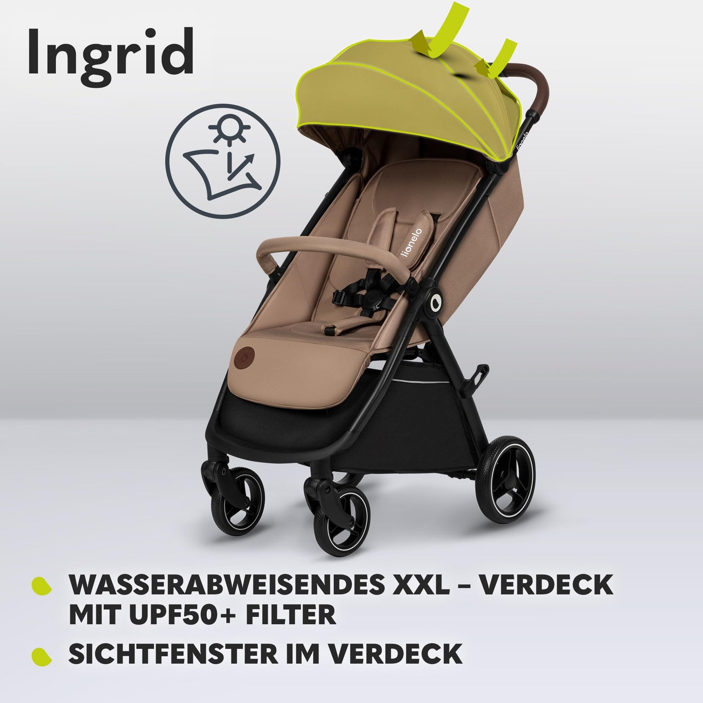 LIONELO INGRID Kinderwagen bis 22 kg von 6 Monaten bis 4 Jahren Große 360° schwenkbare Räder Volle Federung Einhändig zusammenklappbar Verstellbare Rückenlehne und Fußstütze Großes XXL-Verdeck