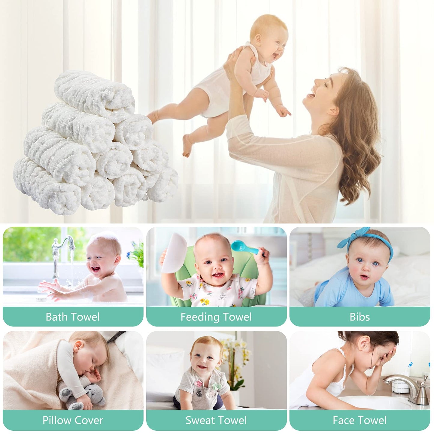 Koo-dib Baby Musselin Waschlappen Tuch Mullwindeln Spucktücher -Handtücher Weiche Neugeborene Gesichtstücher Saugfähig Junge Mädchen Sabberlätzchen 10 Stück 25x25 cm lätzchen