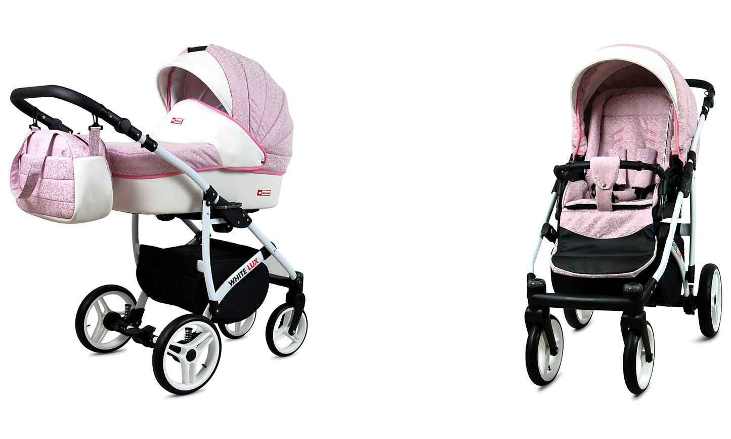 BabyLux® Bambimo stroller set 3 in 1 - White Lux - incl. carrycot, buggy sports seat, car seat - stroller set - combi stroller with changing bag, rain cover, etc.