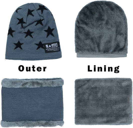 Momoon Thick Beanie Hat + Scarf Set Winter Warm Snow Knit Skull Cap for Children Boys Girls (Suitable for 6-14 Years) -