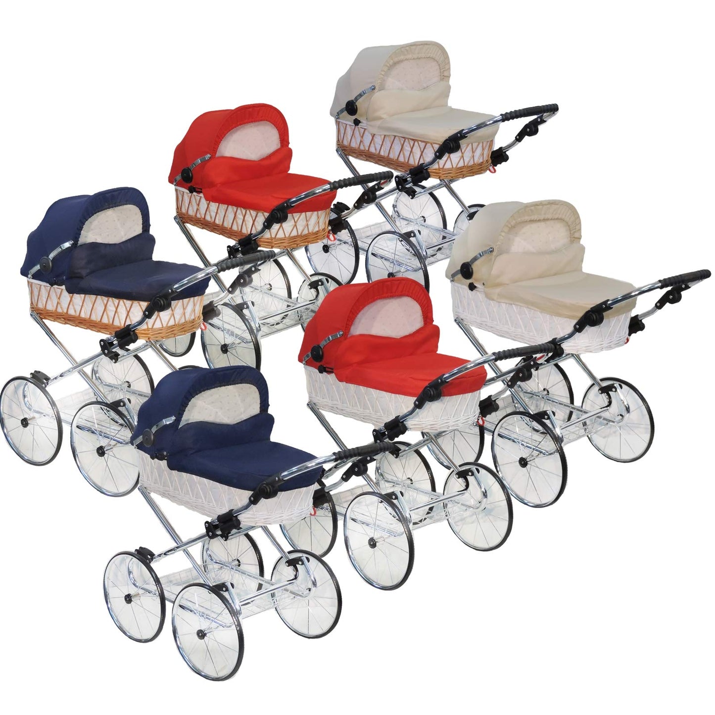 EICHHORN Kinderwagen Wicker Basket Doll's Pram Retro Toy Classic (Basket Natural, Fabric Navy Blue)