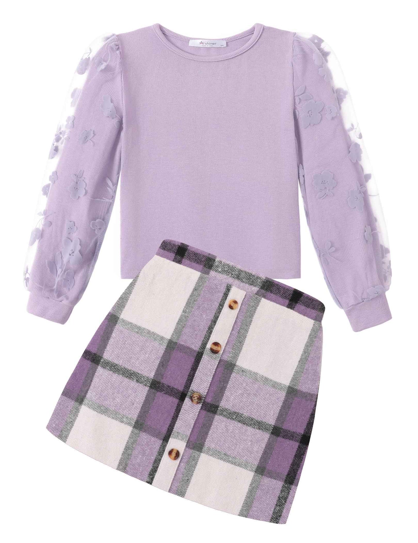 Arshiner Girls' Clothing Sets Elegant Long Sleeve Shirt with Skirt Set Children's Autumn Winter Outfit Checked Leisure Fashion Two Piece Clothing Sets for Girls 5-13 Years