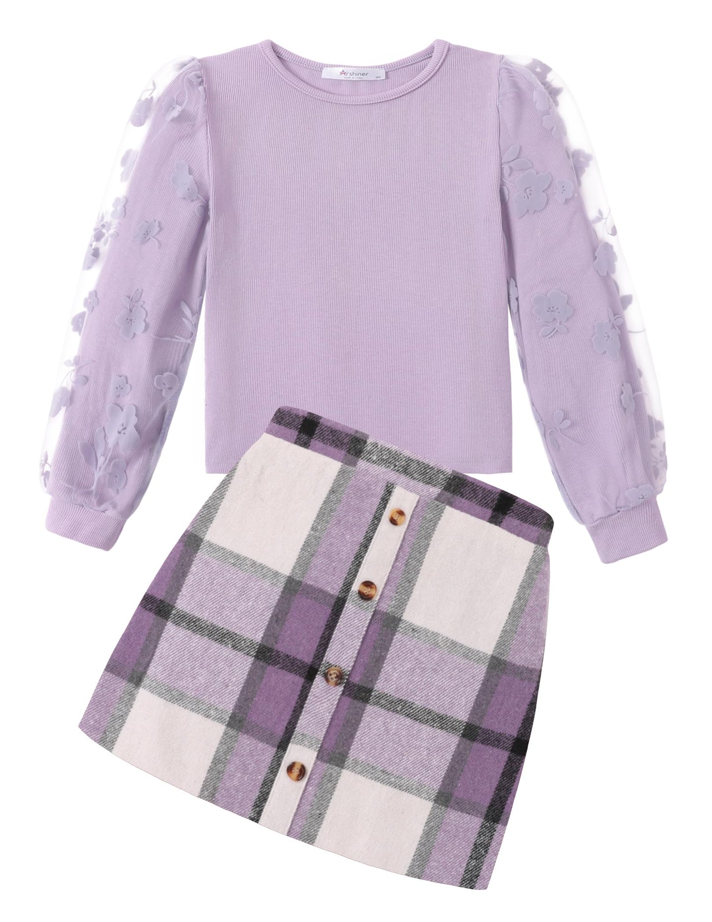 Arshiner Girls' Clothing Sets Elegant Long Sleeve Shirt with Skirt Set Children's Autumn Winter Outfit Checked Leisure Fashion Two Piece Clothing Sets for Girls 5-13 Years