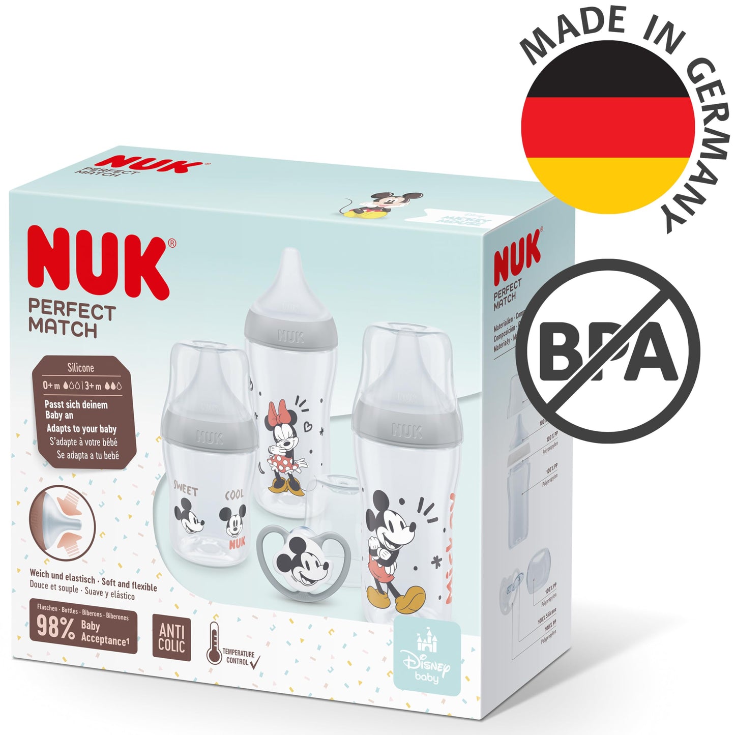 NUK First Choice+ Babyflaschen Starter Set | 0–6 Monate | 4 Flaschen mit Temperature Control & Flaschenbox | Anti-Colic Air System | BPA-frei | Disney Winnie Puuh - Meloni2