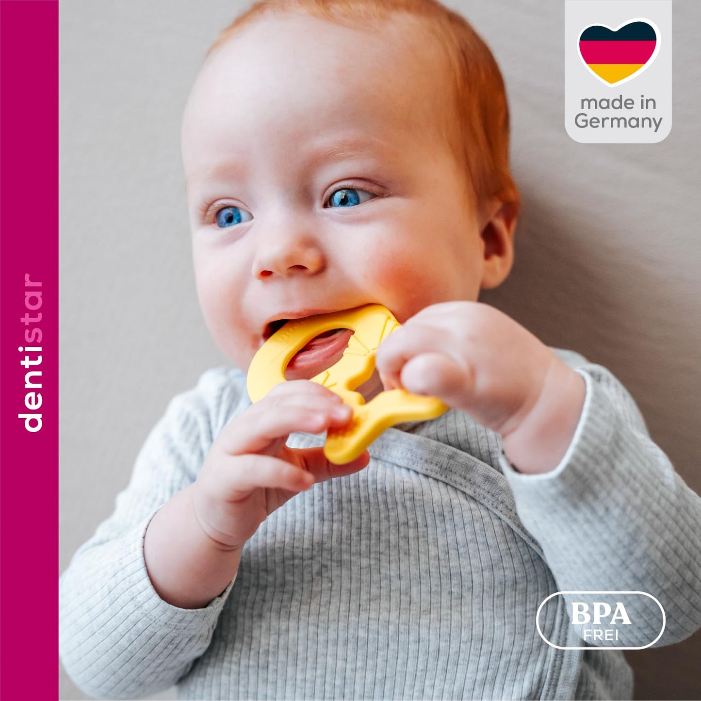 Dentistar Beißring 2er-Set – Teether für Babys & Kleinkinder ab 3 Monate – Baby Beißring mit Griff aus weichem Material zur Zahnungshilfe & Massage – Made in Germany – Pink & Lila