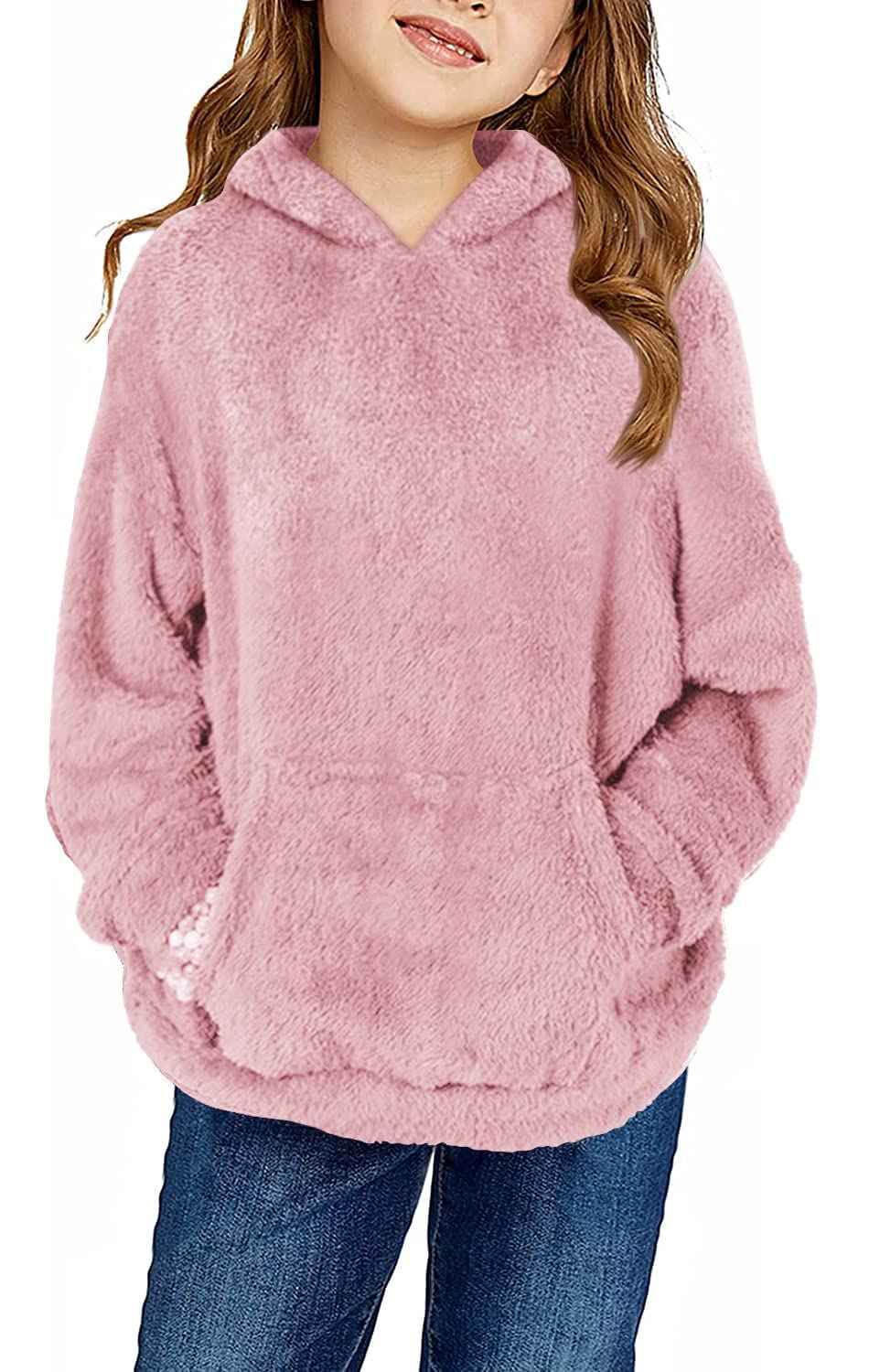 Runcati Girls' Hooded Pullover, Fuzzy Teddy Fleece Sweatshirts with Hood Pockets, Leisure, Warm, Children's Hoodies