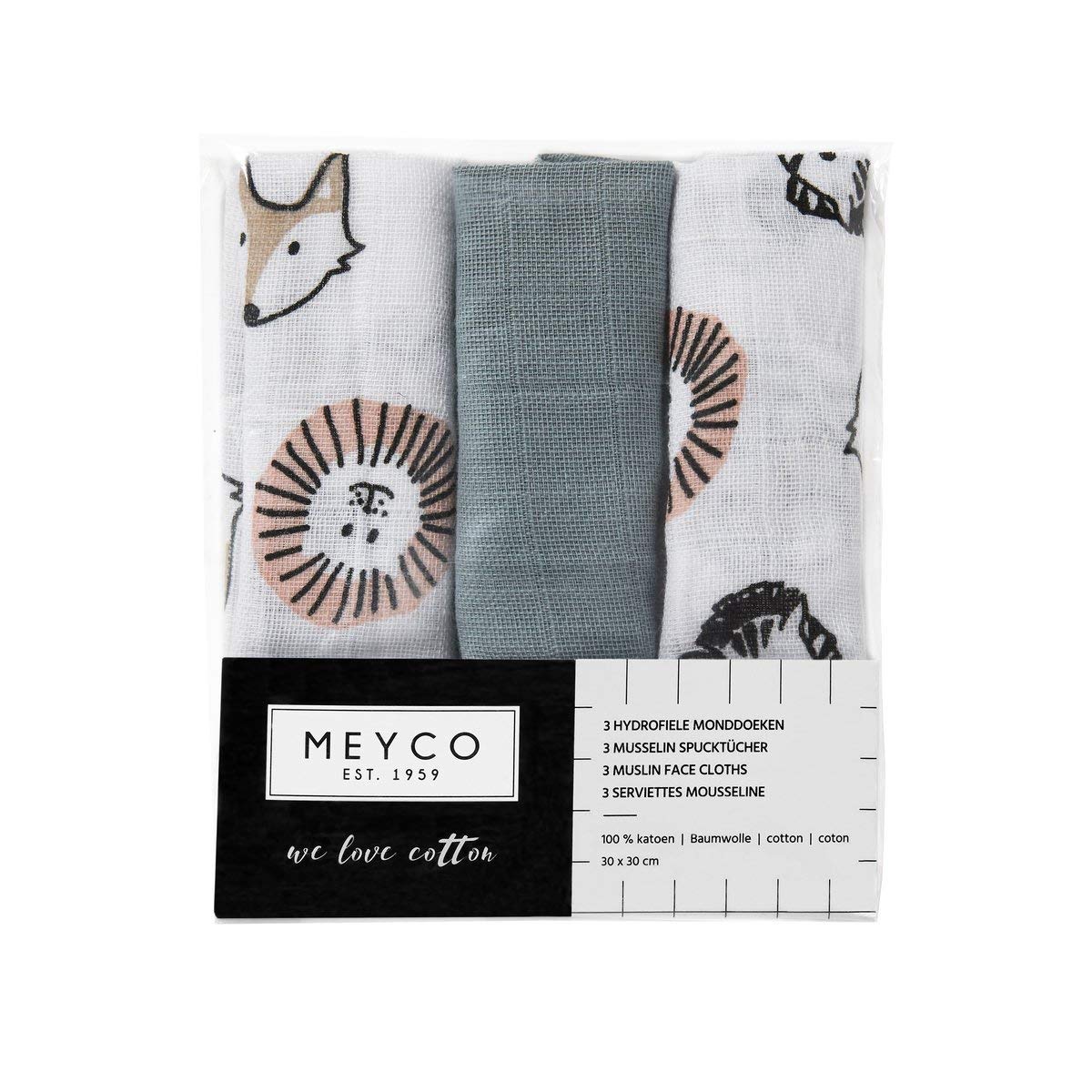 Meyco 457019 Mull/Musselin Spucktücher 3er Set, 30x30cm ANIMAL-UNI Stone Green-Weiss