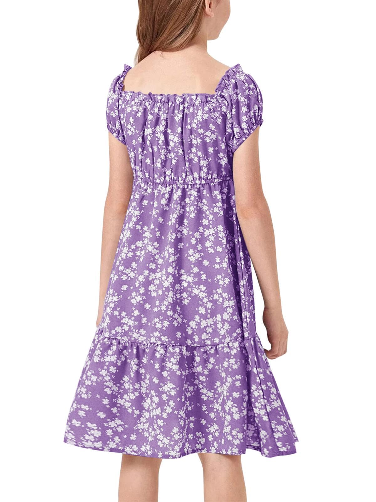 Haloumoning Mädchen Kleider Eckiger Ausschnitt Blumenkleid Kleider Sommer Puffärmel A-Linie Midikleid Kinder Partykleid