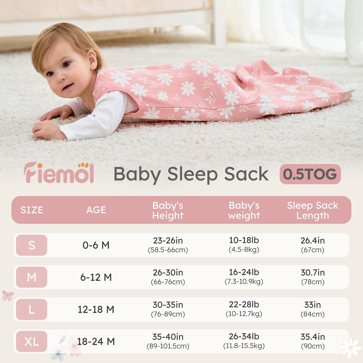 FIEMOL Baby Sleeping Bag 2.5 Tog 0-6 Months, Winter Cotton Newborn Baby Sleeping Bag, Wearable Blanket for Infants and Toddlers, 2-Way Zip Sleeping Bag, 67 cm, Rainbow
