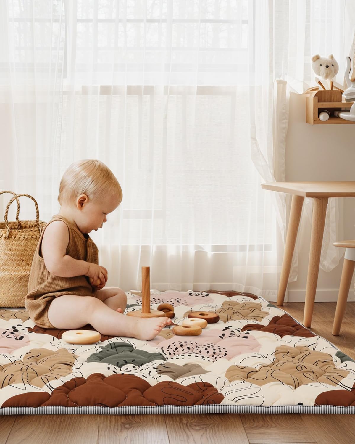 Lambluefly Krabbelmatte Baby Faltbar, Verdickte Krabbeldecke für Baby 127x127cm, Anti Rutsch Matte, Maschinenwaschbare, Spielmatte Baby Faltbar, Baby Play Mat für Laufgitter, Design im Bohème-Stil - Meloni2