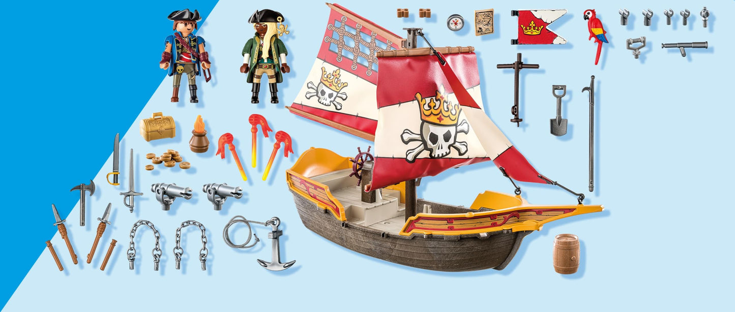 PLAYMOBIL Pirates 71418 Pirate Ship, Exciting Adventures on the High Sea, with Extensive Accessories such as Telescope, Compass and Cannons, Toy for Children from 4 Years