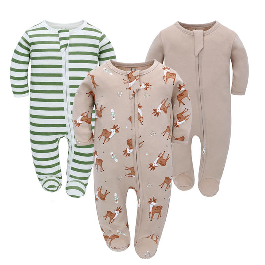 Neugeborenes Baby Jungen Mädchen Strampler mit Fuß Baby Schlafanzug Einteilige Lange Ärmel Overall Säuglings Frühling Herbst Body, 3er-Pack
