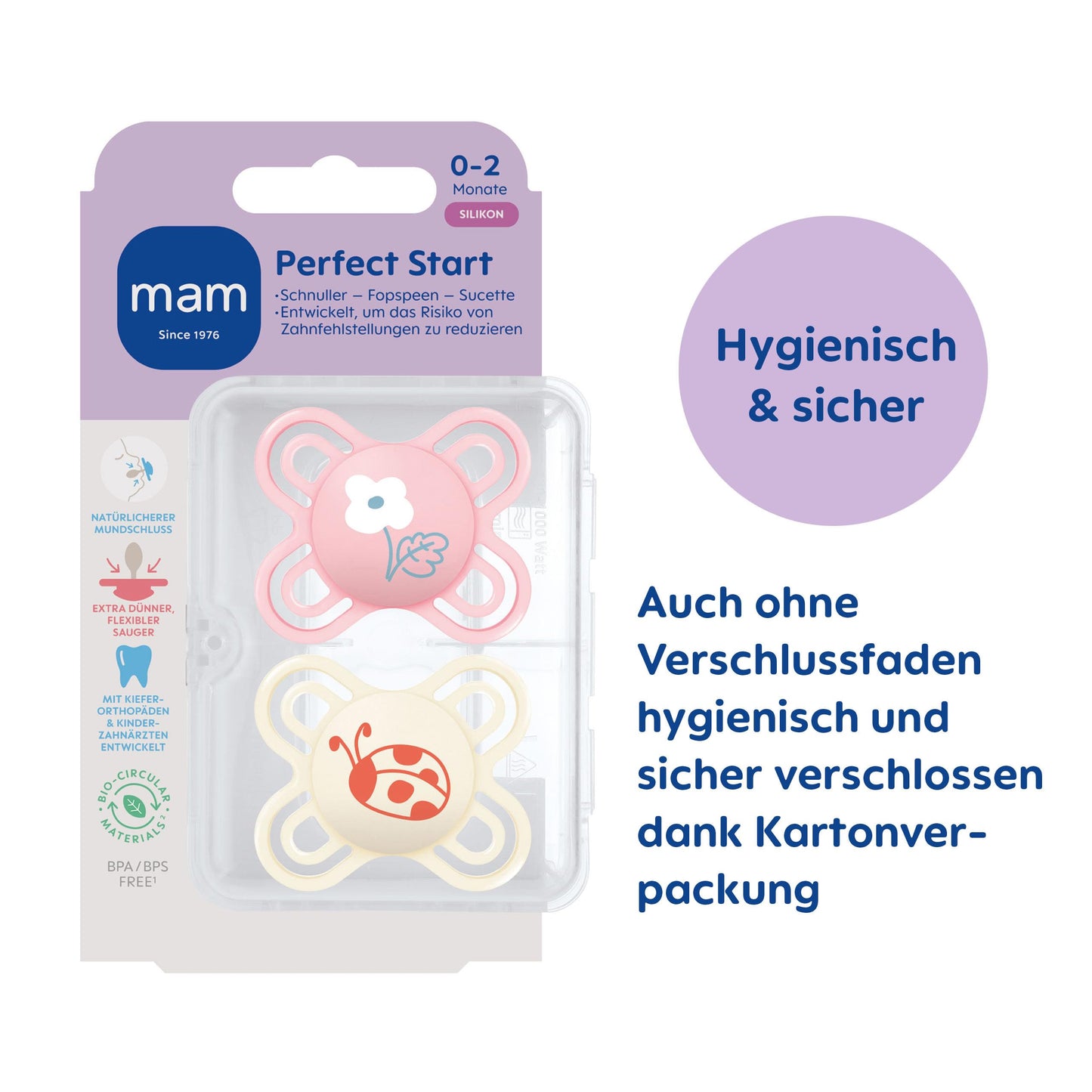 MAM Perfect Start Schnuller im 2er-Set, speziell für Neugeborene, zahnfreundlicher Baby Schnuller aus nachhaltigen & bio-erneuerbaren Materialien, mit Schnullerbox, 0-2 Monate, Biene/Schnecke - Meloni2