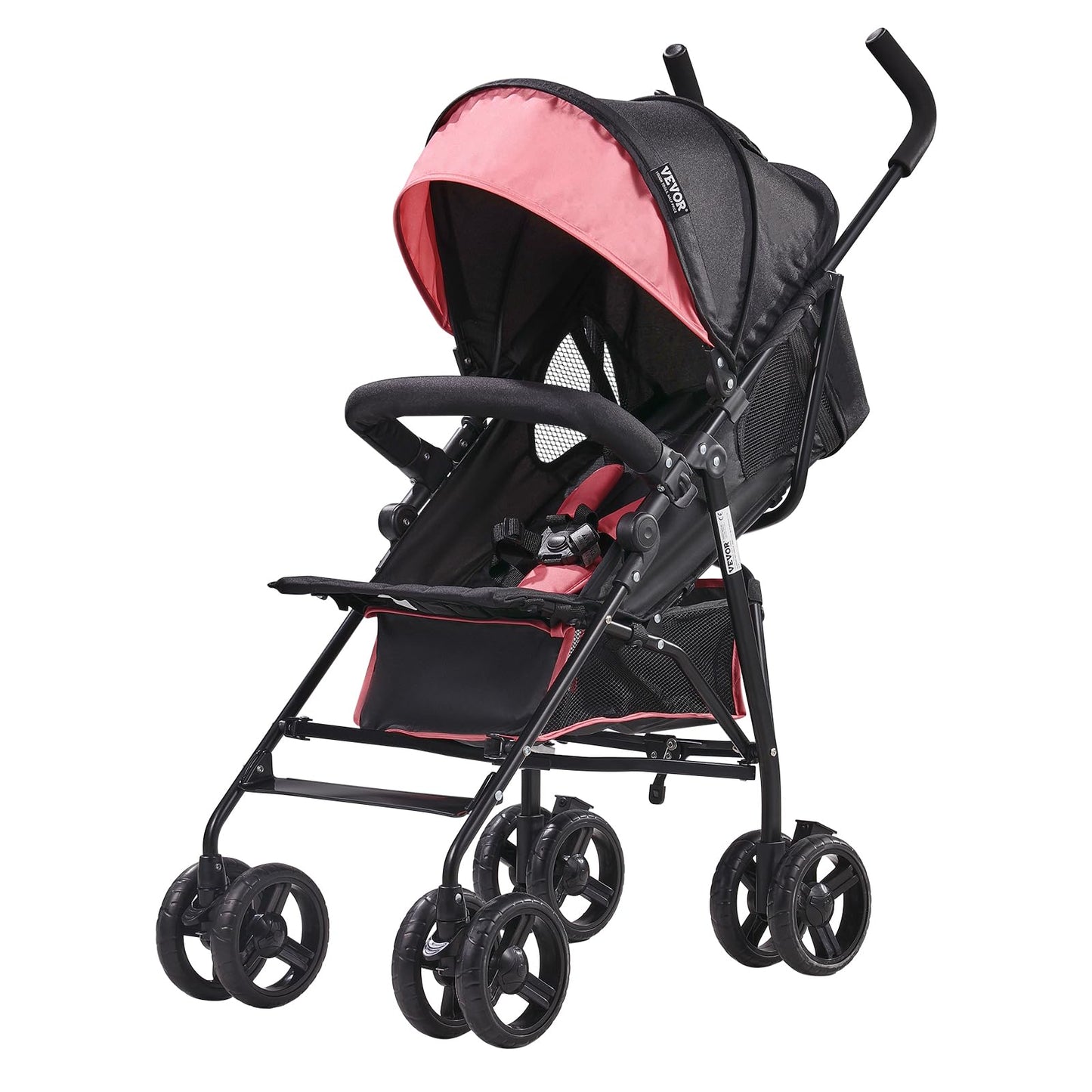 VEVOR Leichter Kinderwagen, kompakt, einfach zusammenklappbar, mit verstellbarer Rückenlehne, Rahmen aus Karbonstahl, großer Aufbewahrungskorb, Kinderwagen mit Schirm für Reisen und mehr, Schwarz/Pink - Meloni2