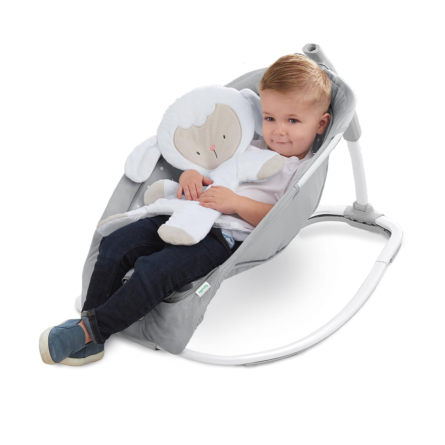 Ingenuity, Cuddle Lamb Babywippe Babyschaukel mit Schaukelfunktion und Vibrationen, Spielbogen mit 2 Plüsch Spielzeug, Musik, 4 Naturgeräuschen und Lautstärkeregler, ab Geburt bis 18 kg
