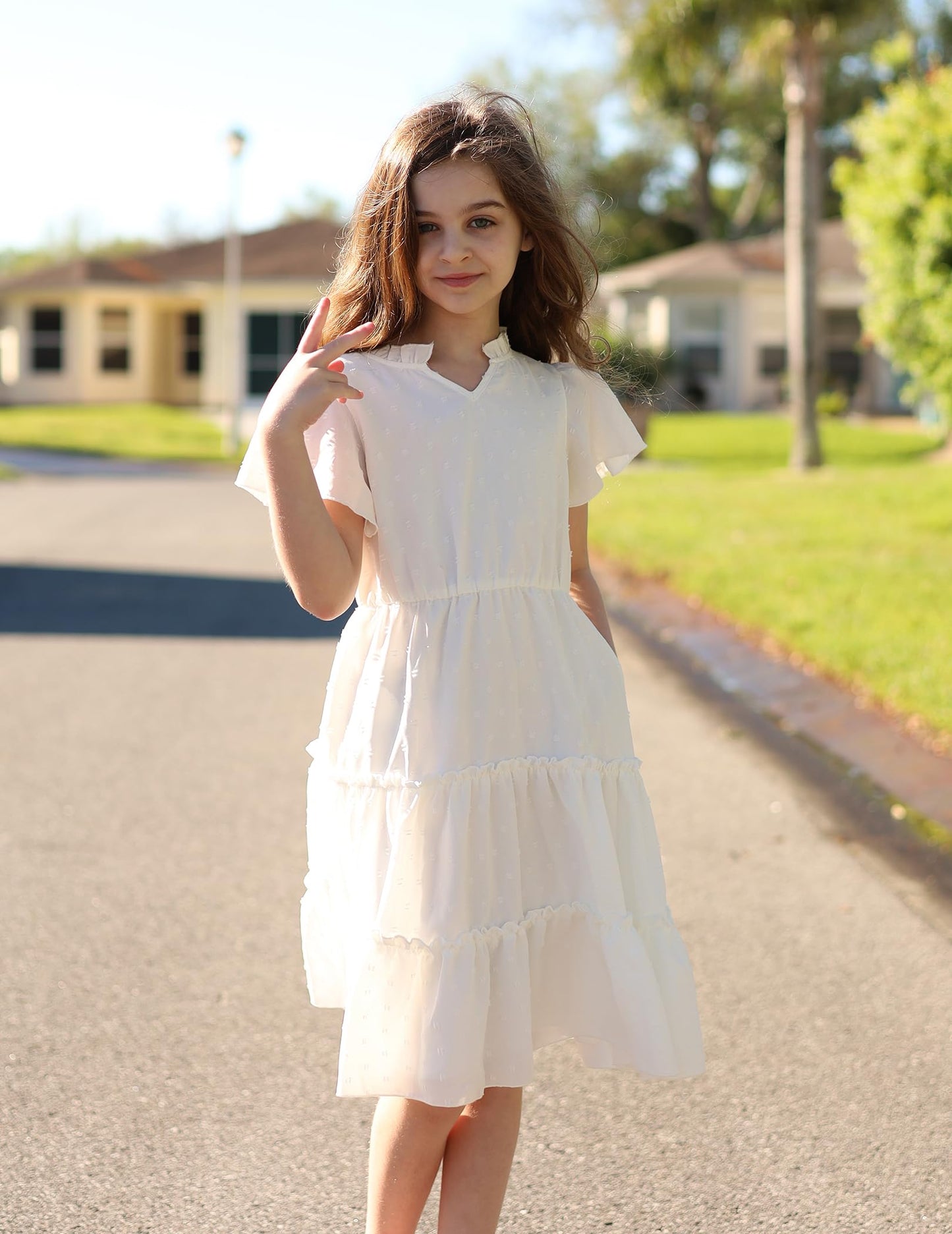 Arshiner Girls Dress Festive Ruffle Sleeve Summer Dresses V-Neck Party Dress Swiss Dot Tiered Dress Children A-Line Swing Kids Dress with Pocket 3-12 Years