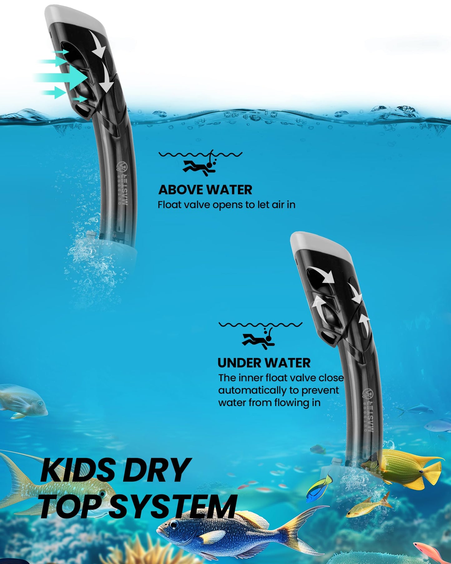 OutdoorMaster Marlin Children's Snorkel Set, Adjustable Strap, Dry Top Diving Mask, Anti-Fog Snorkel Mask, Children's Swimming Goggles for Boys and Girls, Age 4-14