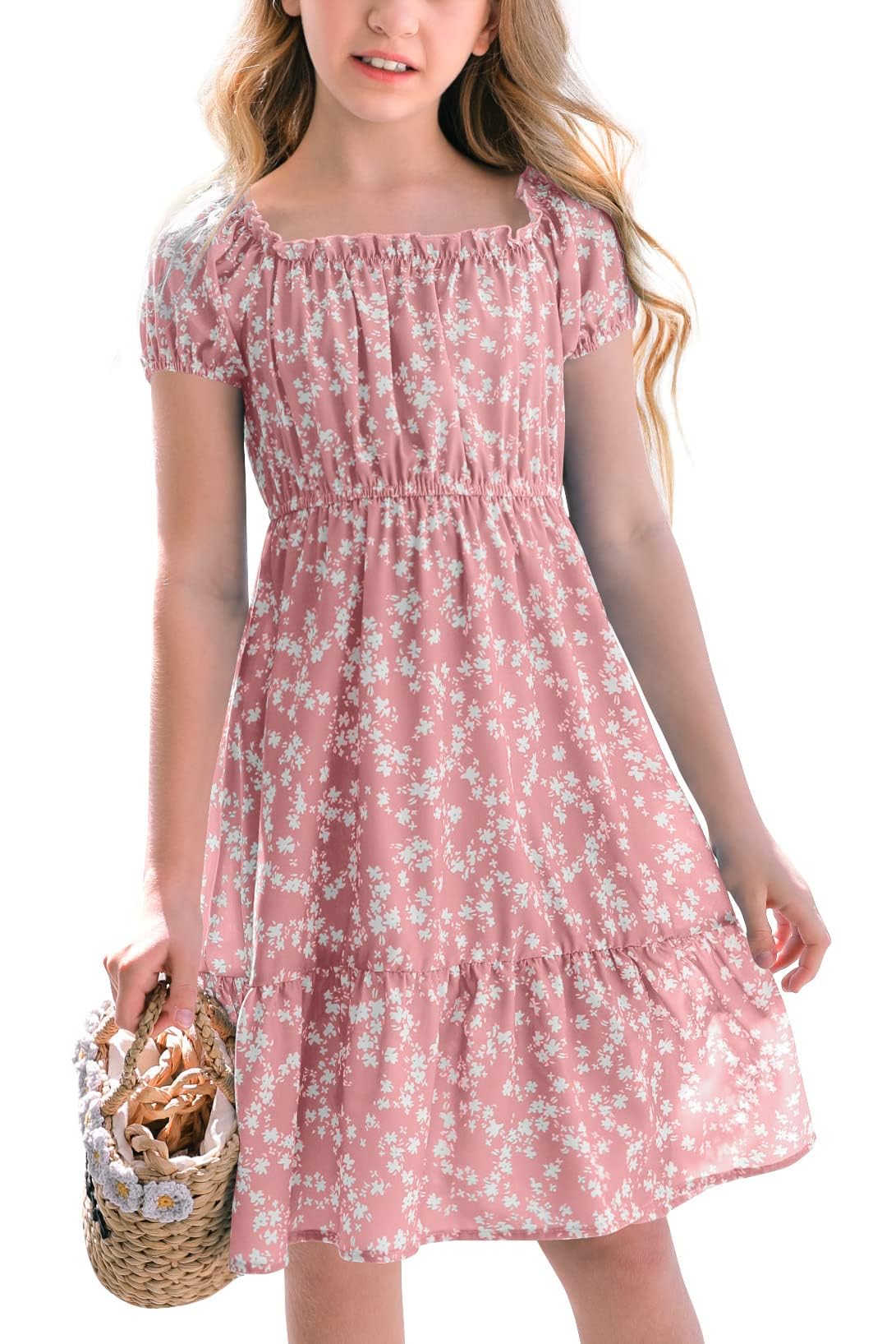 Haloumoning Mädchen Kleider Eckiger Ausschnitt Blumenkleid Kleider Sommer Puffärmel A-Linie Midikleid Kinder Partykleid