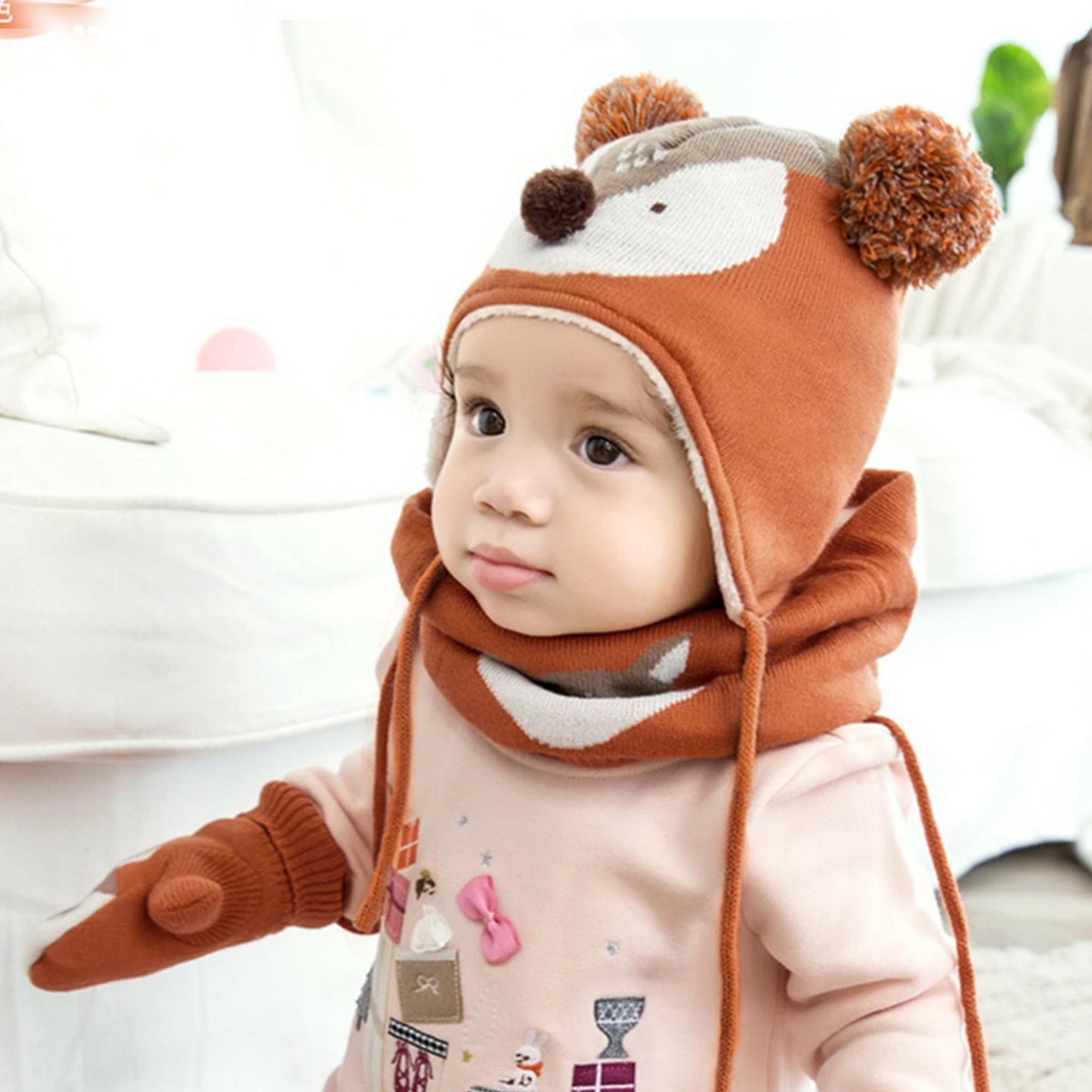 DORRISO Unisex-Baby Jungen Mädchen Mütze Schal Handschuh Set Niedlich Frühling Winter Herbst Beanie Strickmütze Warm Niedlich Klein Fuchs Wintermütze 1-6 Jahre alt