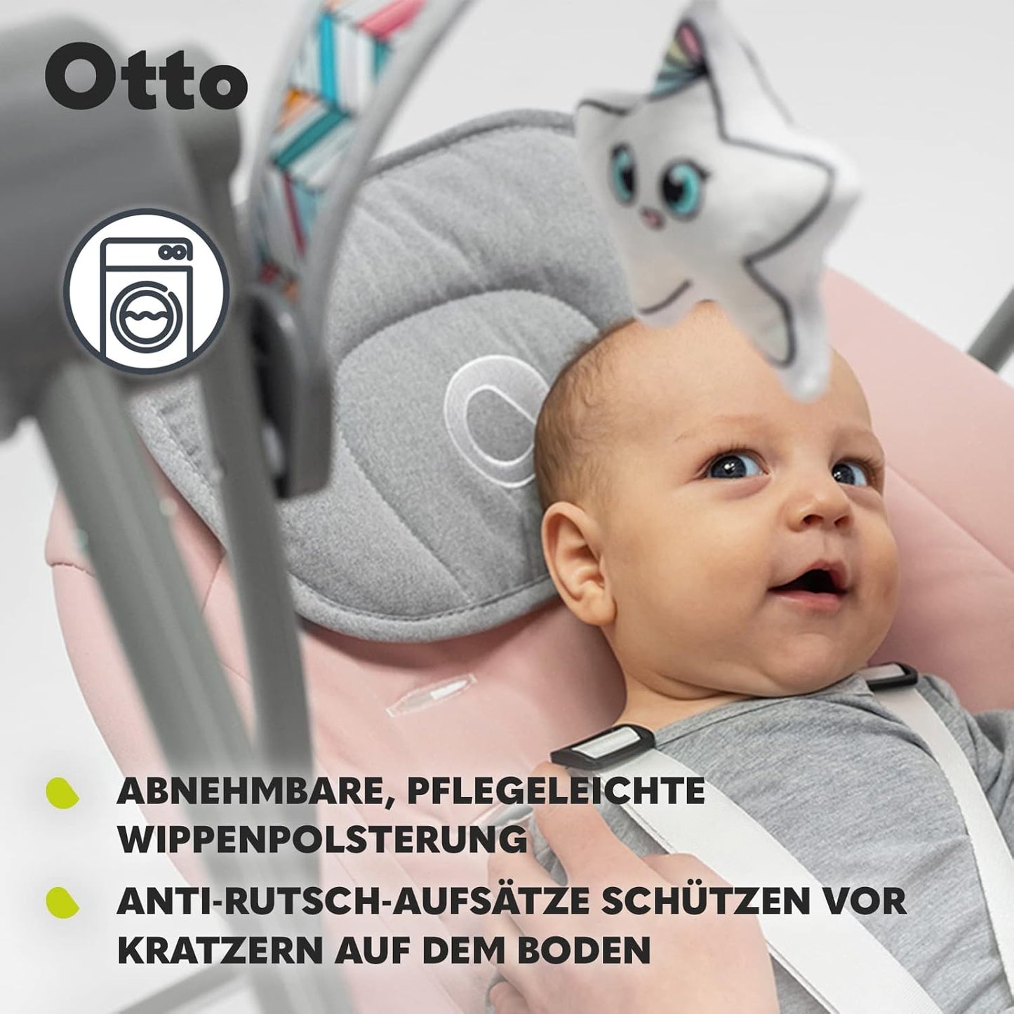 LIONELO Otto Baby Seesaw, Baby Swing, Play Arch with Interactive Toys, 5 Swing Speeds, Nature Sounds, from Birth to 9 kg, Foldable (Cozy Grey) (Pink)