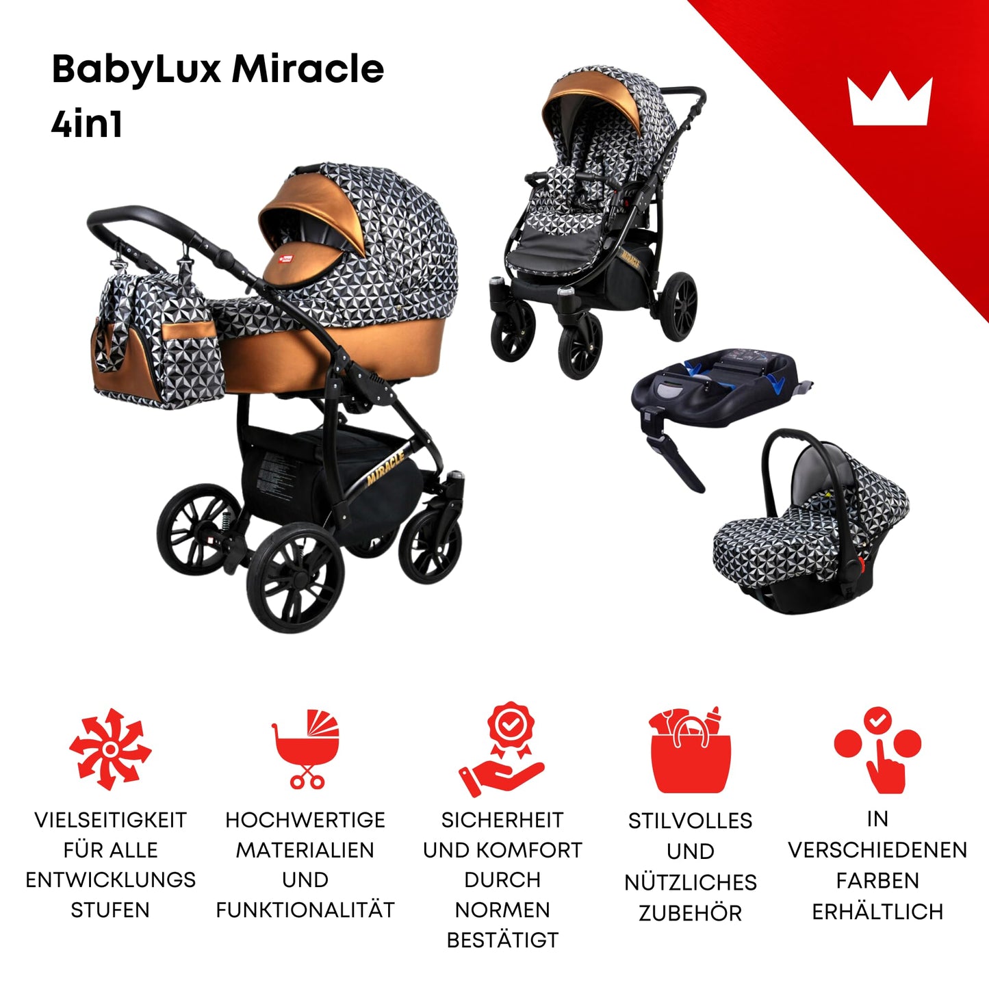 BabyLux Miracle 2-in-1 Baby Pushchair Deep and Pushchair with Accessories Adjustable and Foldable Aluminium Construction Waterproof Non-Removable Wheels Gold Leaf