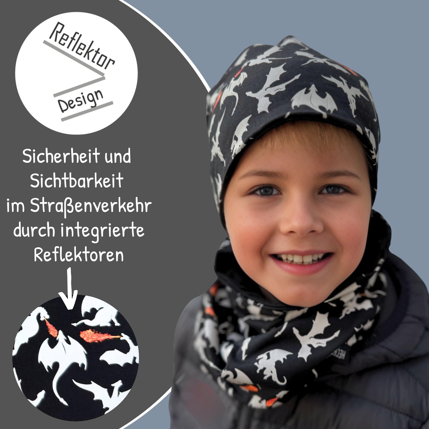 Heckbo 360° Reflector Children's Hat & Loop Scarf Set, Many Designs, 2–8 Years, 95% Cotton, Soft & Easy-Care Stretch Material, for Boys, Girls, Beanie for Spring, Summer, Autumn, Winter