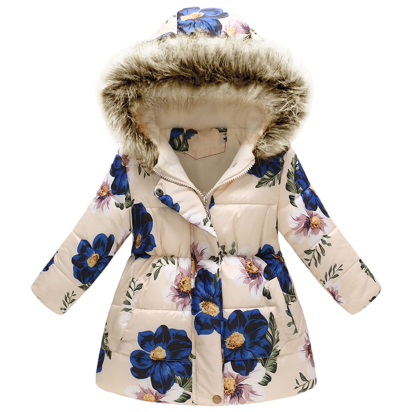 amropi Girls' Floral Winter Jacket with Fur Hood Warm Winter Coat Children's Jacket for 2-10 Years