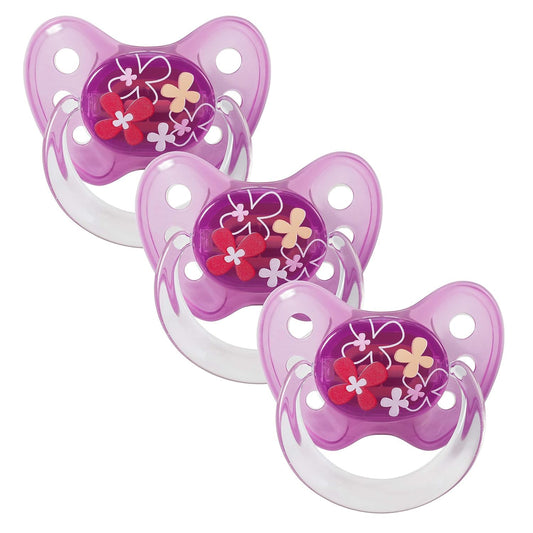 dentistar Silicone Pacifier Set of 3 - Size 3, from 14 months - Tooth-friendly pacifier with dental step - BPA-free - Made in Germany - Flowers, Purple