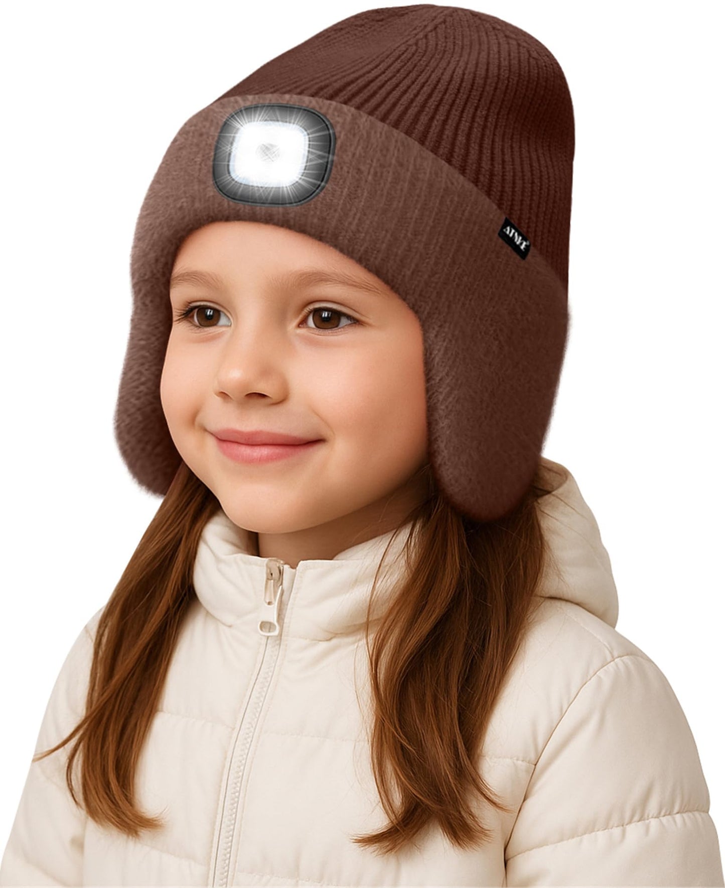ATNKE Kinder LED Beleuchtete Ohrenklappen Mütze mit Licht,USB Wiederaufladbare 4 LED Laufmütze Stirnlampe Winter Warm Fleece Gefüttert Strick Mütze Geschenke für Jungen und Mädchen