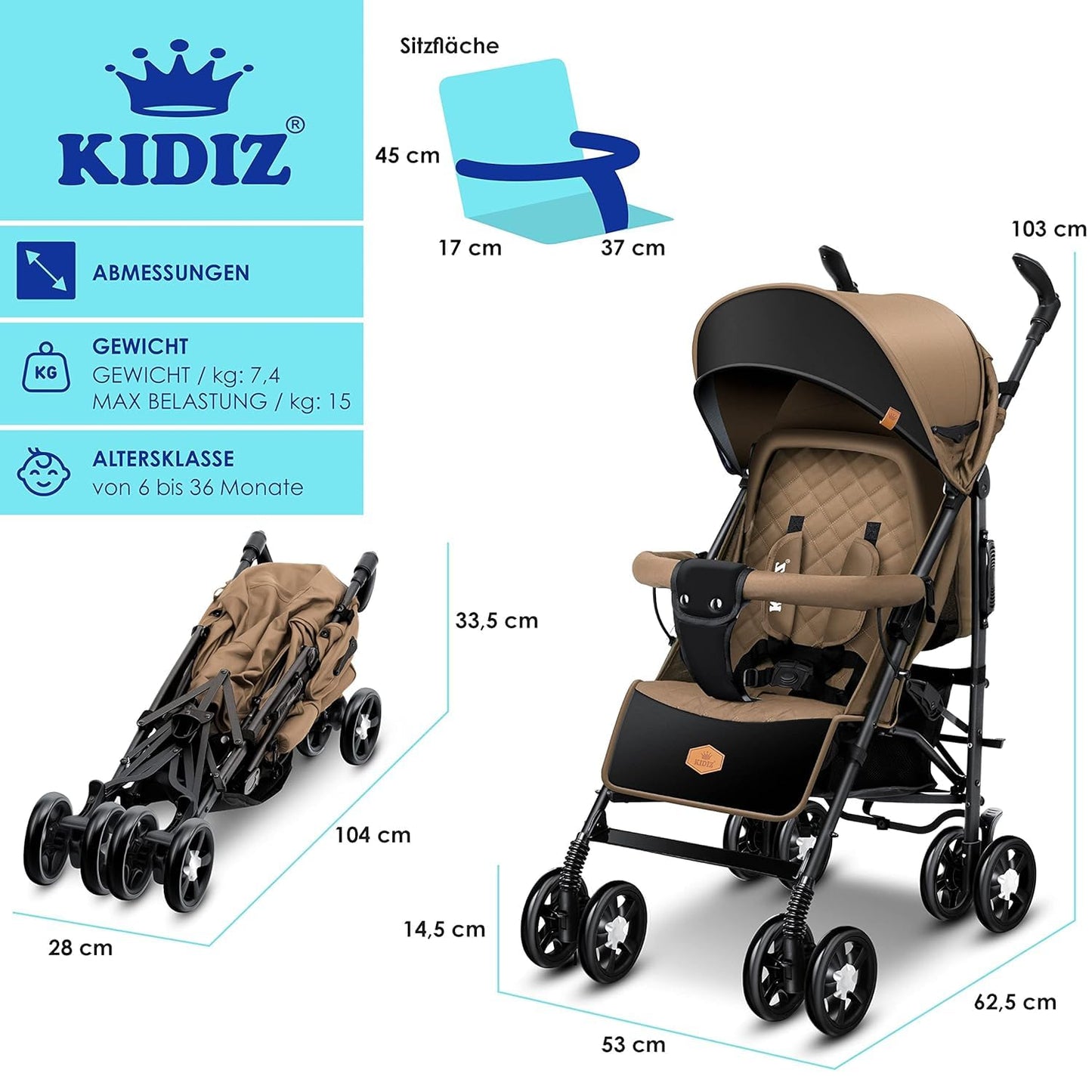 KIDIZ® City-Pro Pushchair Folding Pushchair Pushchair Sports Pushchair Foldable 360° 6 Inch Wheels Includes Mosquito Net, Footmuff and Rain Cover Foldable Sleep Function Blue