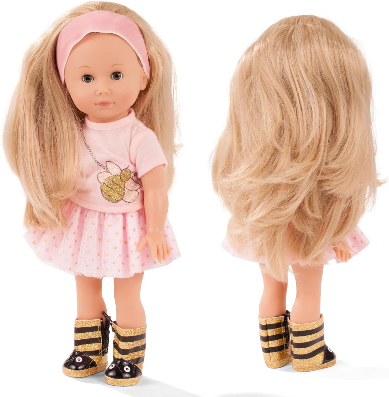 Götz 2013034 Just Like me - Mia im Bienenoutfit Puppe - 27 cm große Stehpuppe mit Langen blonden Haaren, blauen Schlafaugen in einem 7-teiligen Set