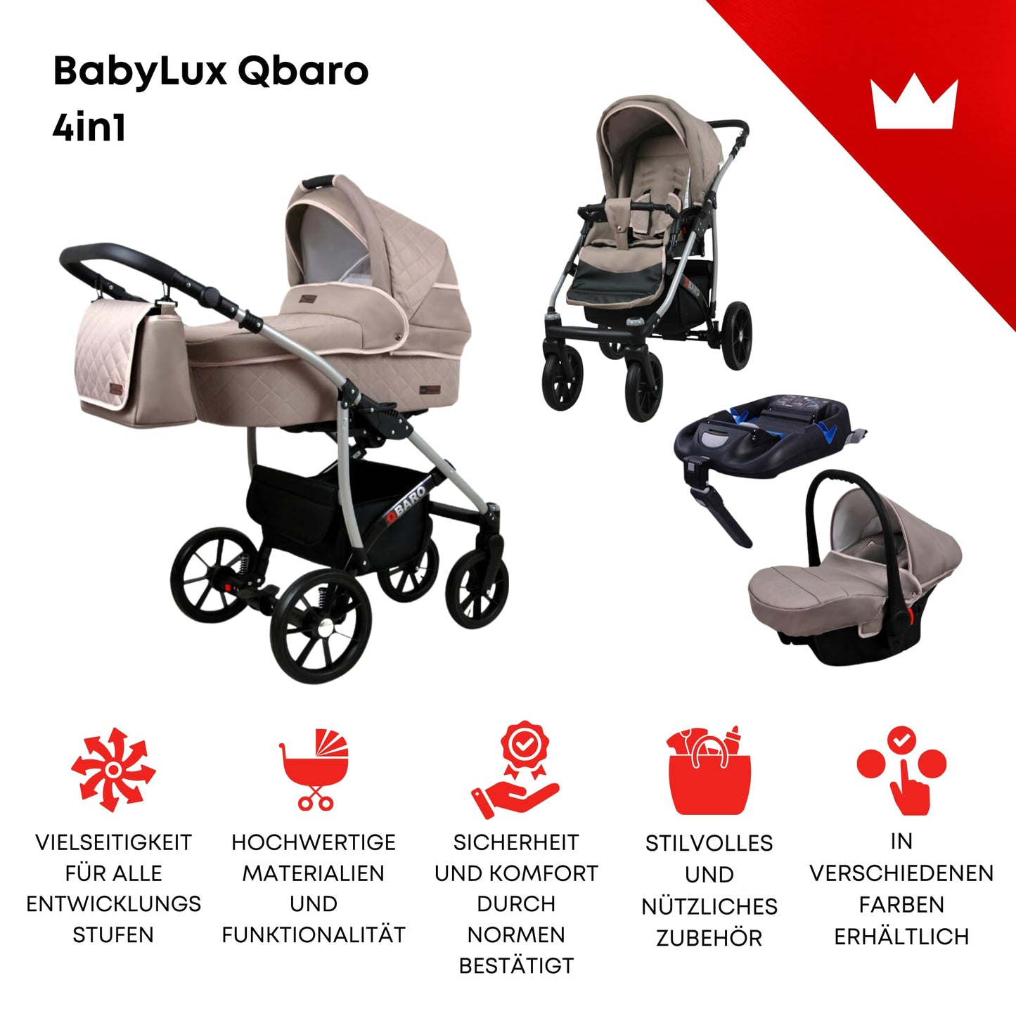 BabyLux® Bambimo Qbaro 3-in-1 Pushchair Set Including Baby Carrycot, Buggy Sports Seat, Car Seat - Car Seat - Pram Set - Combination Pram with Changing Bag, Rain Cover etc.