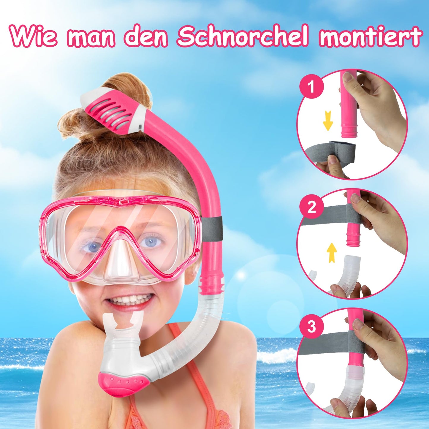 Vvinca Snorkel Set Children from 4-14 Years Diving Goggles with Snorkel Diving Set Girls Boys 180° Anti-Fog Anti-Leak Adjustable Elastic Swimming Goggles Snorkel Mask Dry Snorkel Pink