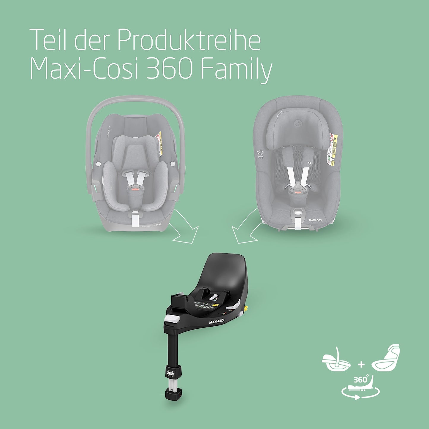 Maxi-Cosi Pebble 360 i-Size Babyschale Drehbar, Neugeborenen Autositz 360 Grad, 0–15 Monate (40–83 cm), Drehung mit einer, ClimaFlow, Easy-In-Gurt, G-CELL Seitenaufprallschutz, Essential Green