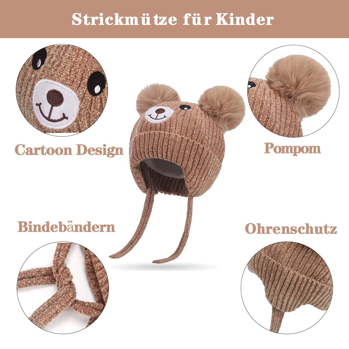 KEELYY Baby Mütze Beanie Strickmütze Herbst Wintermütze Süßer Hut mit Earflap und Bindebändern Warm Hat für Jungen Mädchen