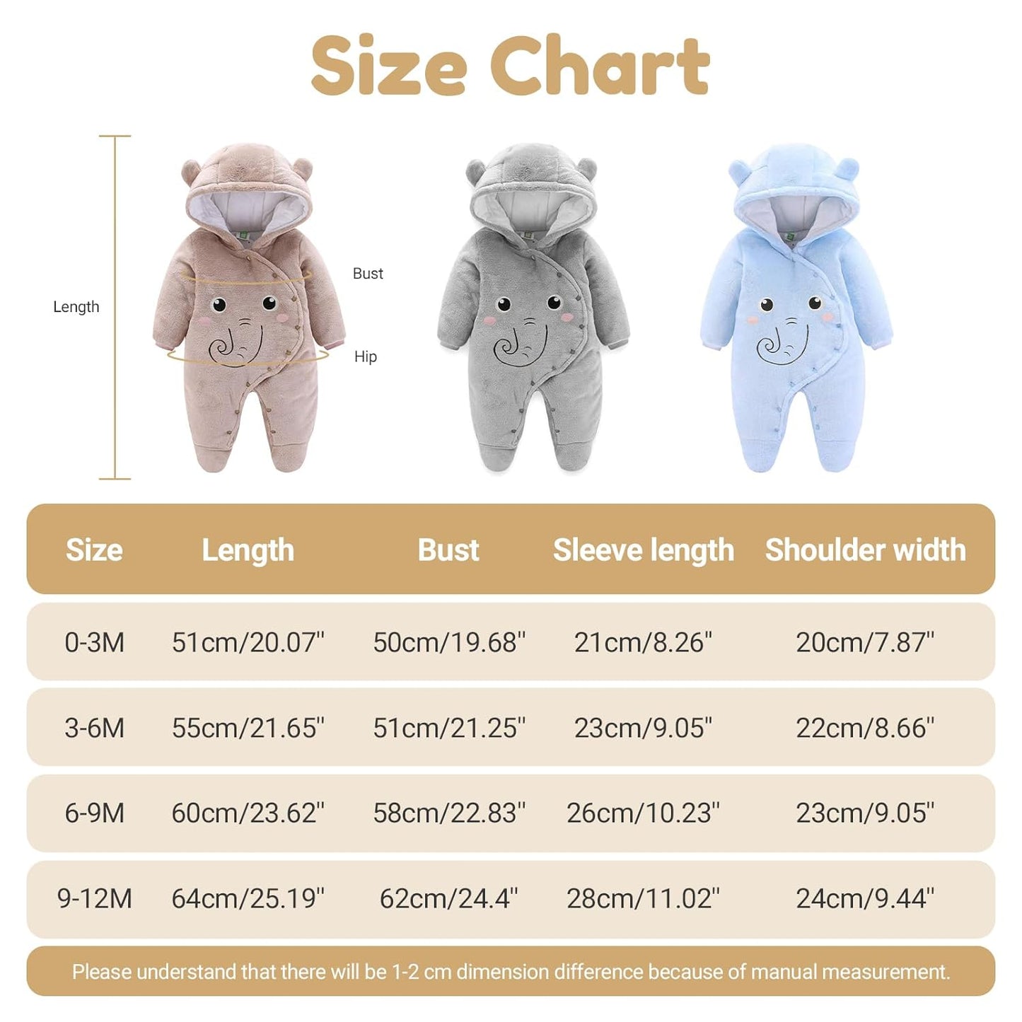 JiAmy Baby-Overall Baby-Strampler Flanell Winter-Strampelanzug mit Füßchen Kapuze Cartoon,Khaki 6-9 Monate