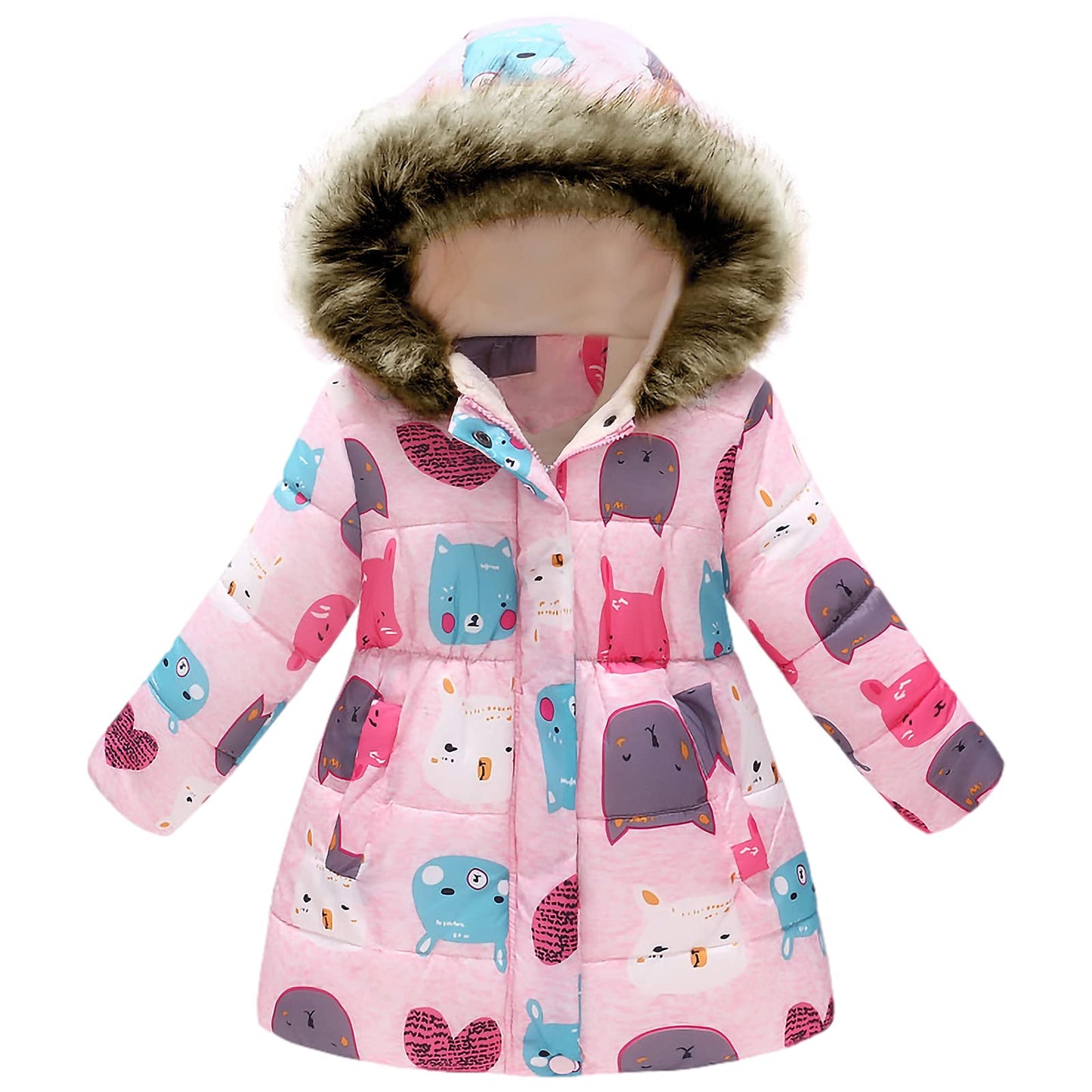 amropi Girls' Floral Winter Jacket with Fur Hood Warm Winter Coat Children's Jacket for 2-10 Years
