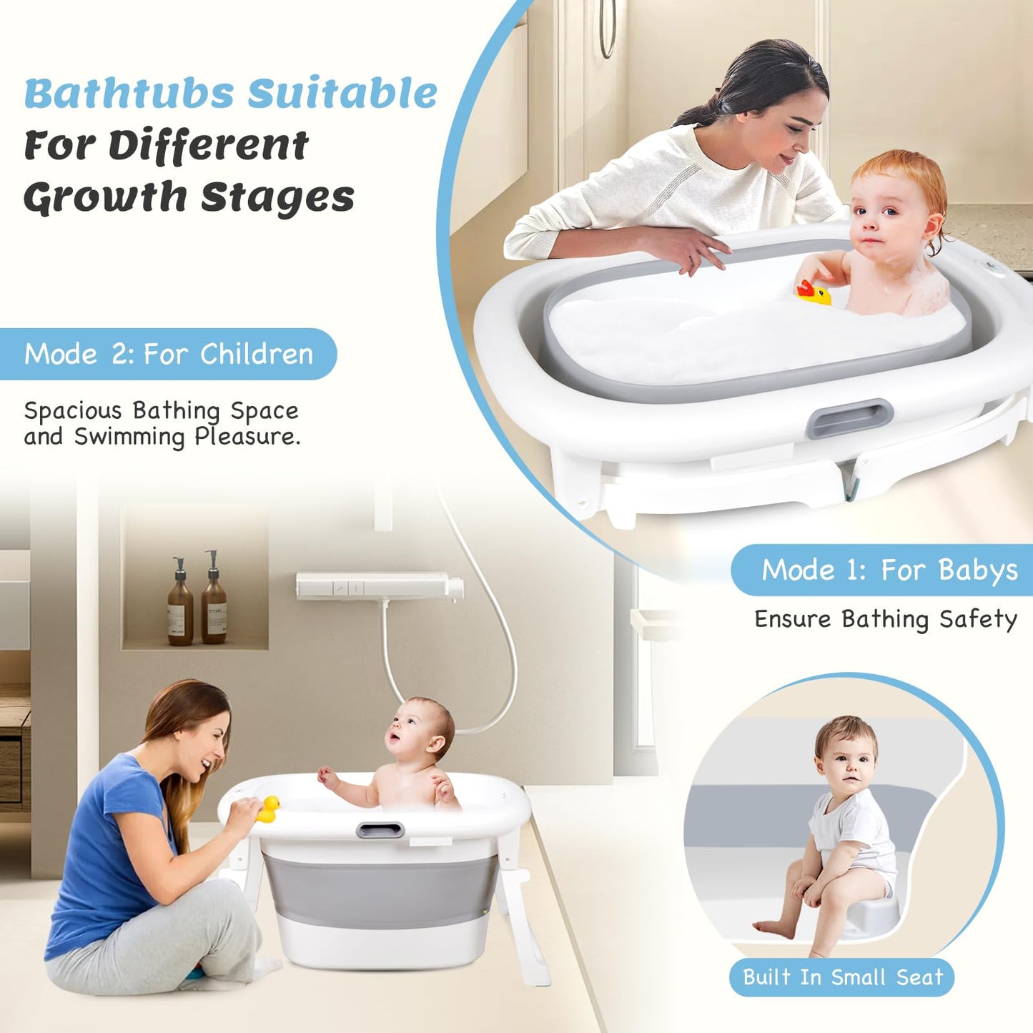 Schwänlein® Faltbare Baby Badewanne,81 * 48 * 24cm Baby Bathtub Babywanne Wanne Faltbar mit Badewannen Stützkissen Sitzmatte, Badebecken Duschwanne für Neugeborene Kleinkinder (grau)