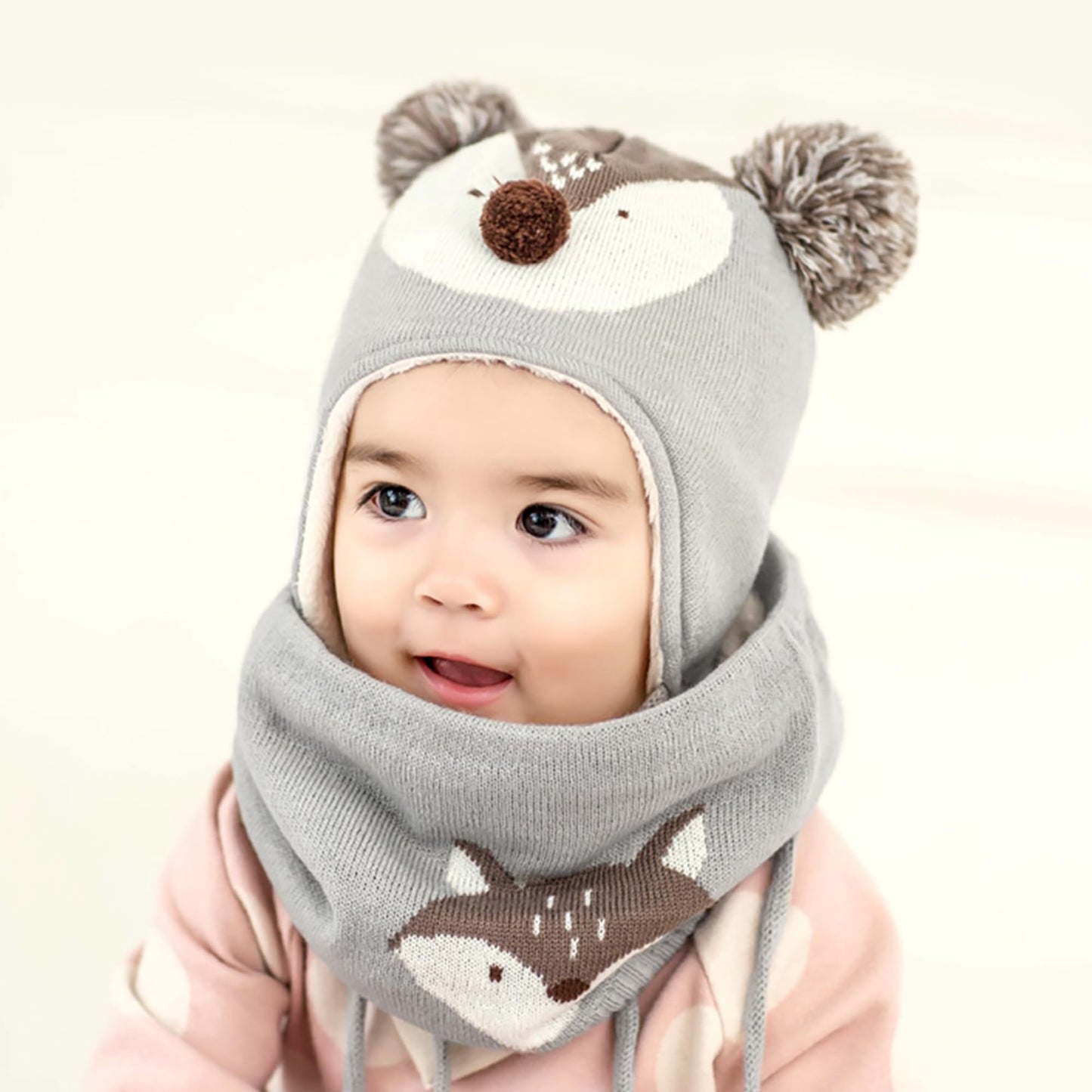 DORRISO Unisex-Baby Jungen Mädchen Mütze Schal Handschuh Set Niedlich Frühling Winter Herbst Beanie Strickmütze Warm Niedlich Klein Fuchs Wintermütze 1-6 Jahre alt