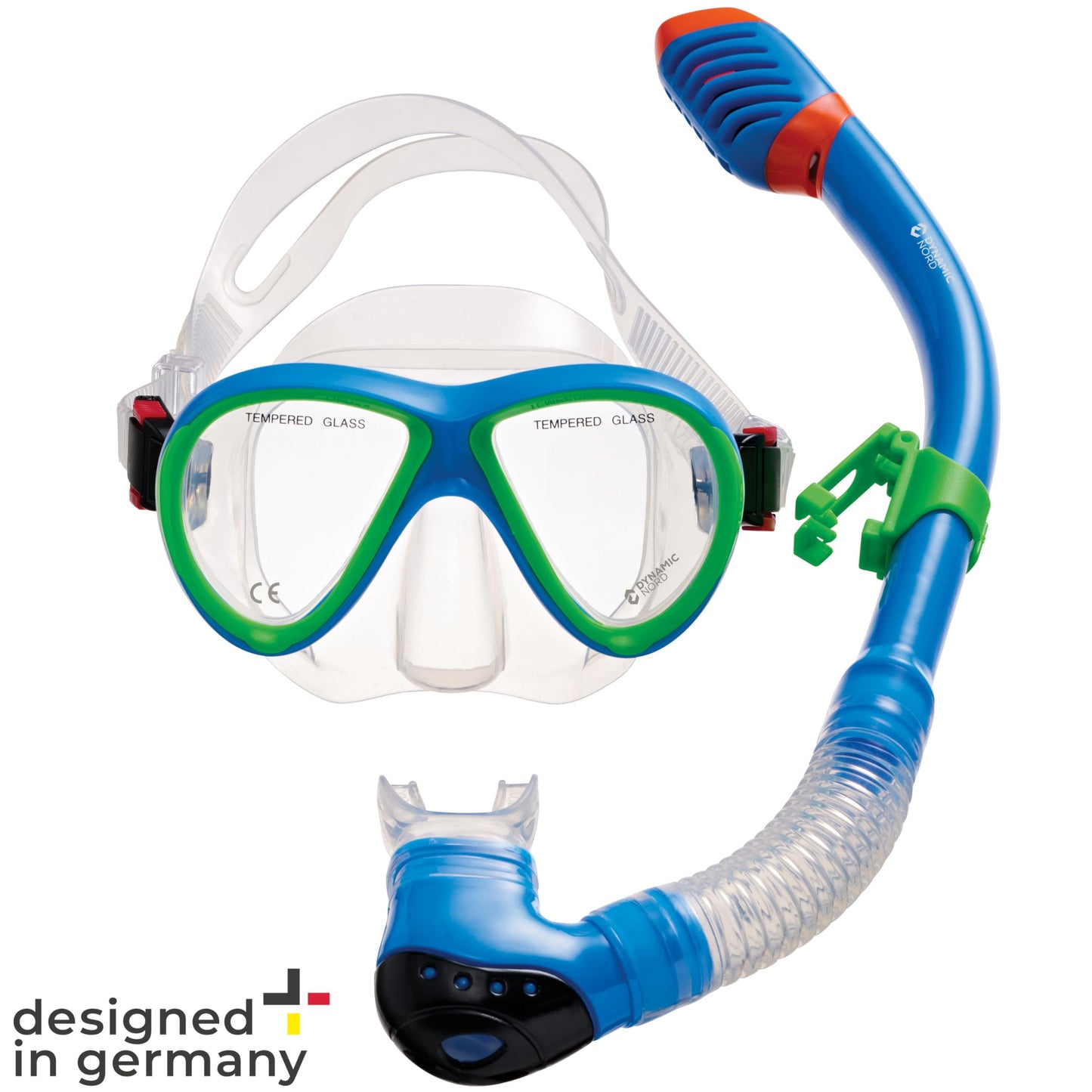 DYNAMICNORD - Kinder Schnorchelset – Designed in Germany – Profi Silikon 2er Set Tauchset Schnorchelset für Kinder (Taucherbrille, Trocken Schnorchel & Netztasche) mit Dry Schnorchel & Sicherheitsglas