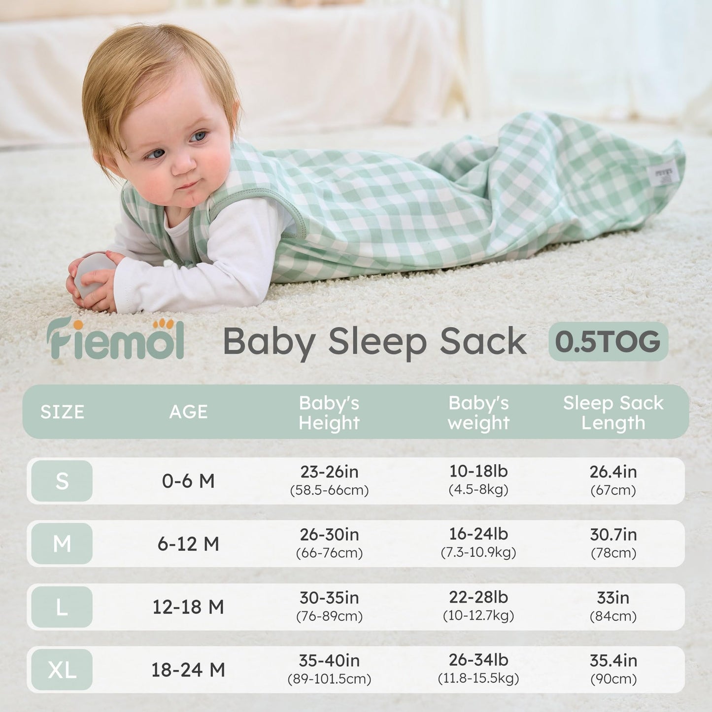 FIEMOL Baby Sleeping Bag 2.5 Tog 0-6 Months, Winter Cotton Newborn Baby Sleeping Bag, Wearable Blanket for Infants and Toddlers, 2-Way Zip Sleeping Bag, 67 cm, Rainbow