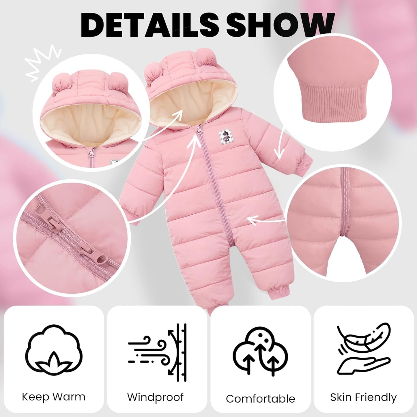 Minizone Baby Winter Jumpsuit with Hood, Romper Snowsuit Boys and Girls, Long-Sleeve Jumpsuit, Warm Outfits, Gift, 6-9 Months, 80 cm, Black