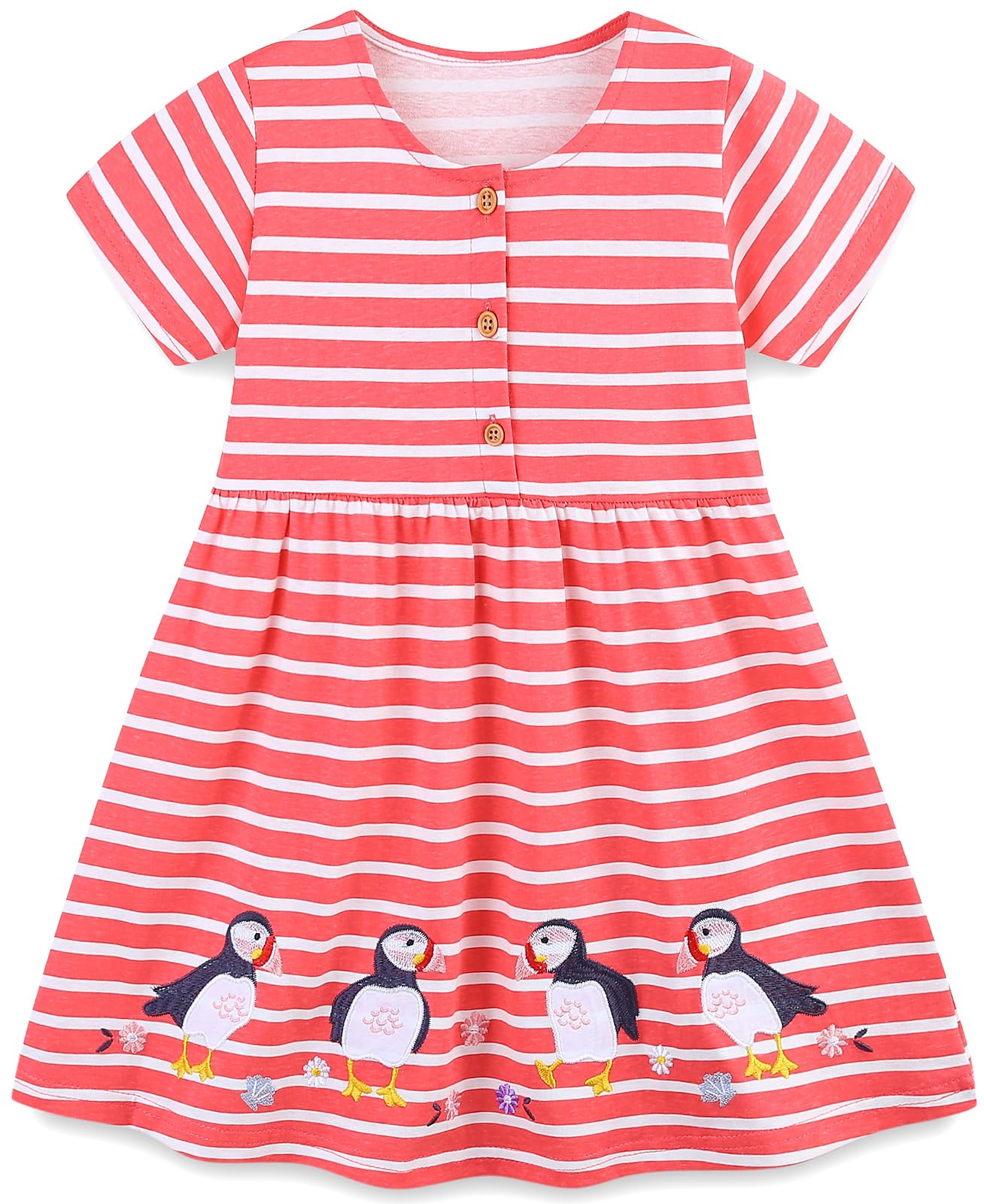 Mädchen Kleider Baumwolle Blumen Knöpfe Streifen Kurzarm T-Shirt Casual Frühling Sommer Kleid für Kinder Größe 92-122, 1-7 Jahre